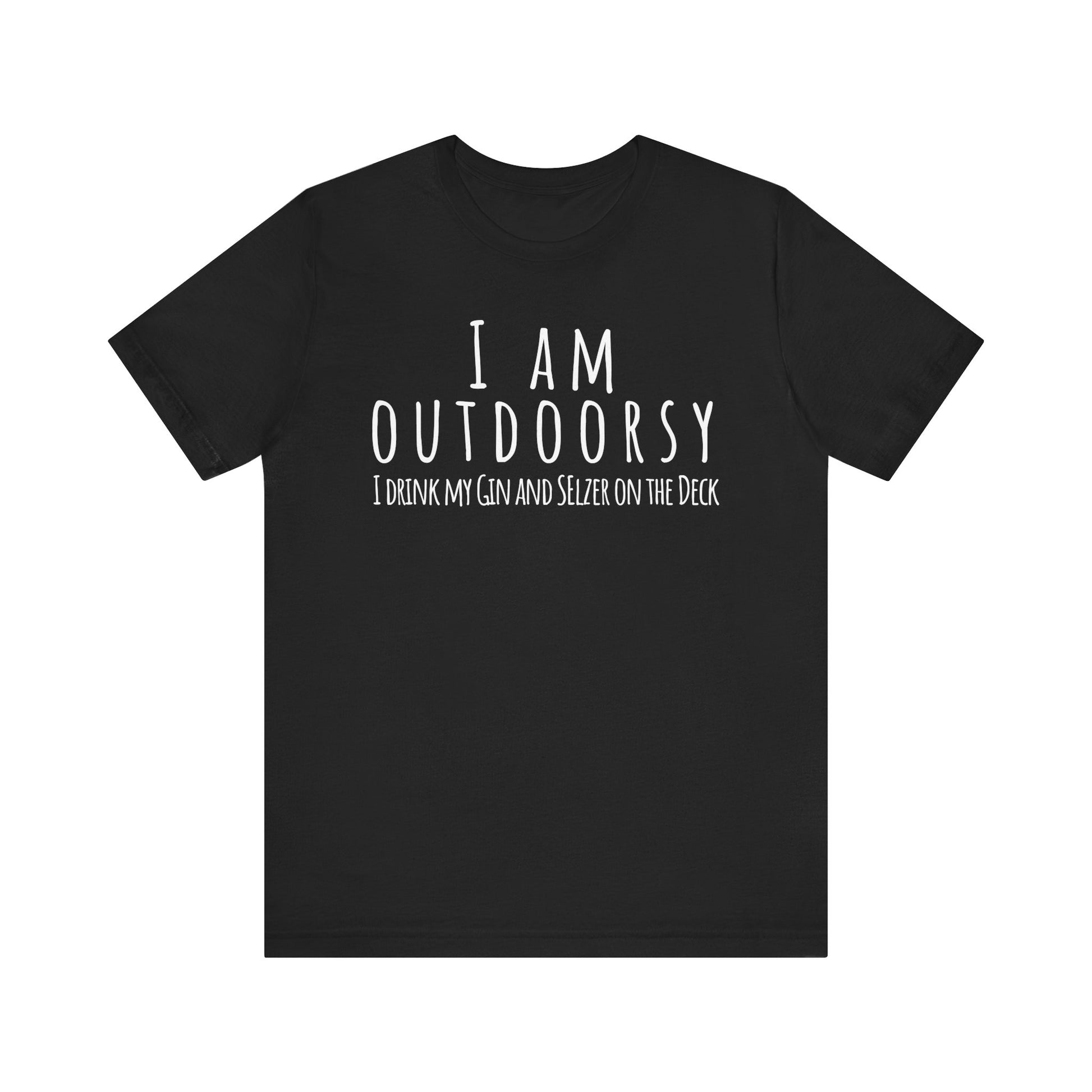 Black t-shirt with white text on a white background