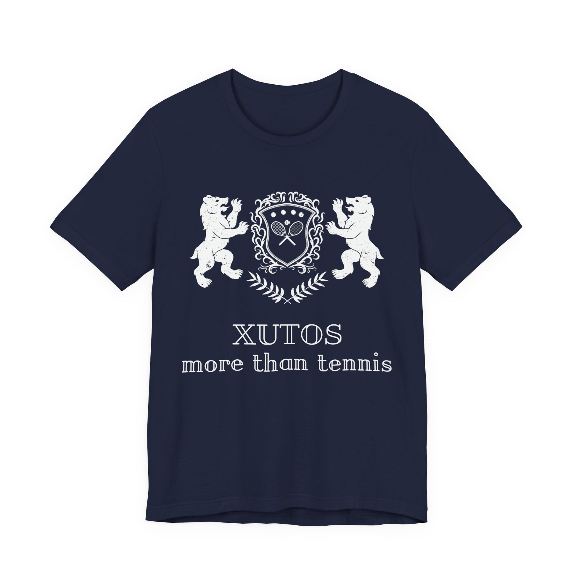 Xutos More than tennis Black t-shirt with ancient Egyptian design featuring two figures and a sun disk on a white background