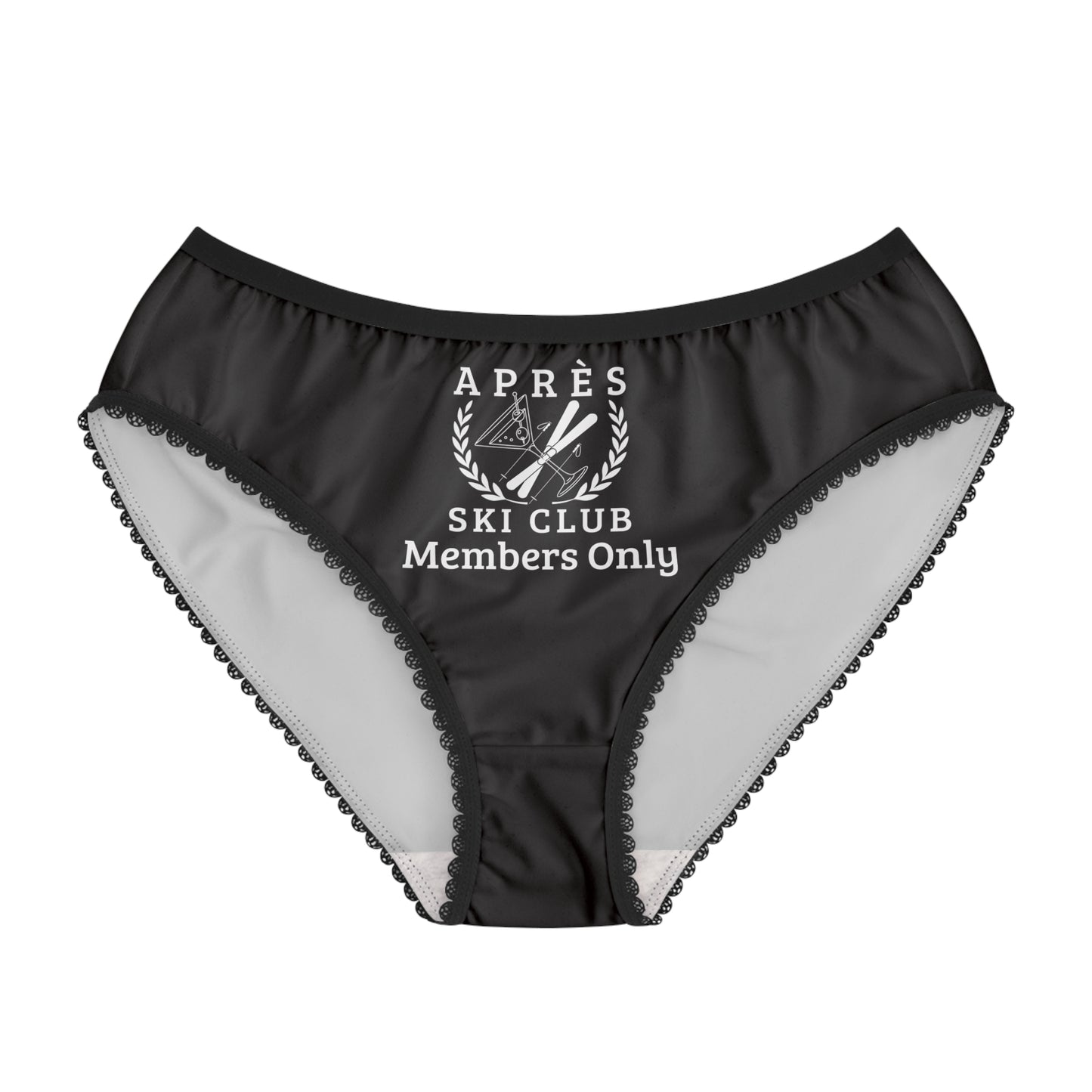 women ski underwear Black women's underwear with lace trim and a logo on a white background