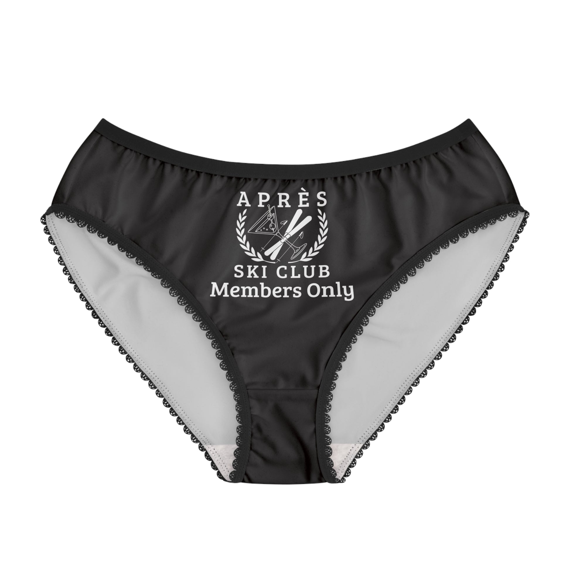 women ski underwear Black women's underwear with lace trim and a logo on a white background