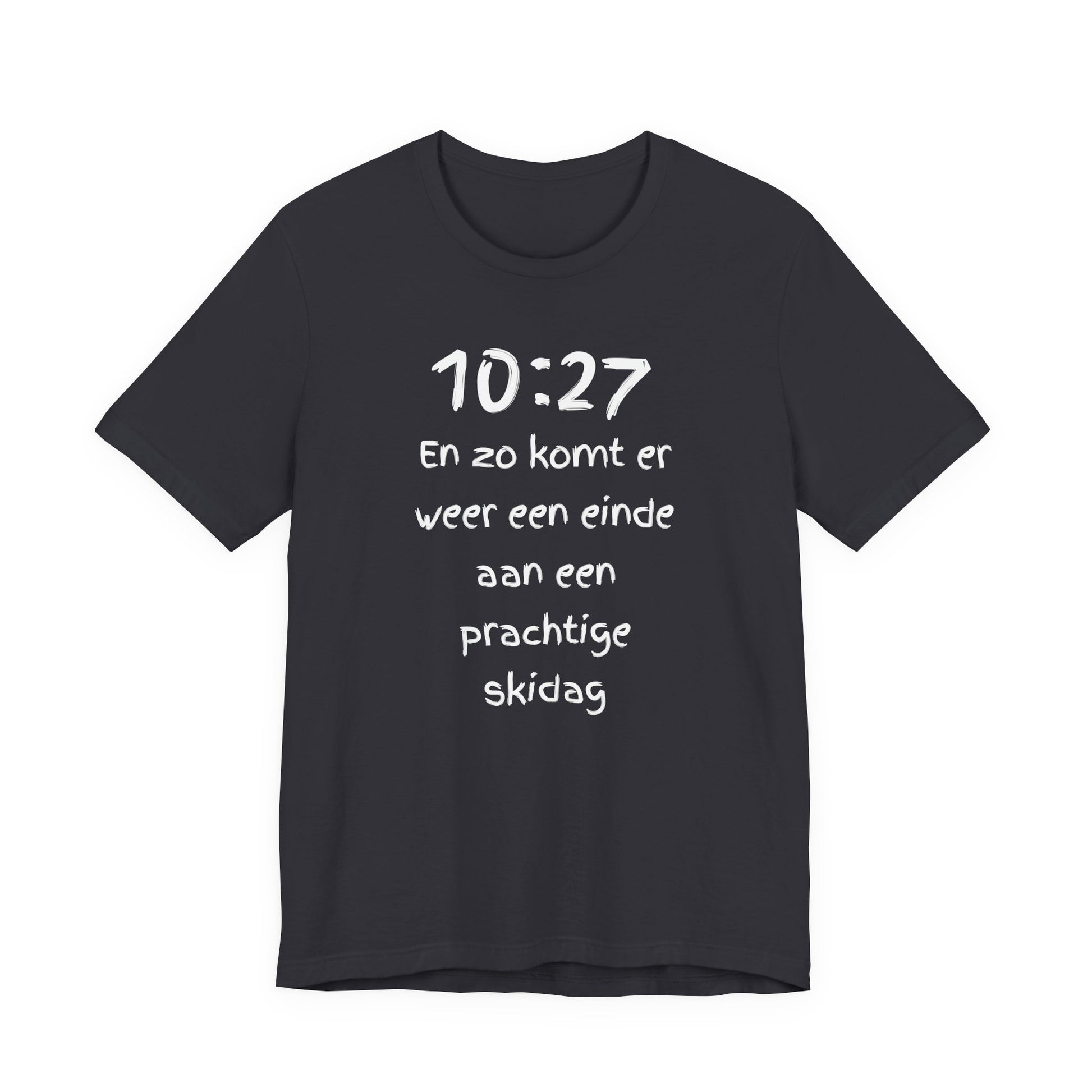 Black t-shirt with white and gold graphic design on a white background