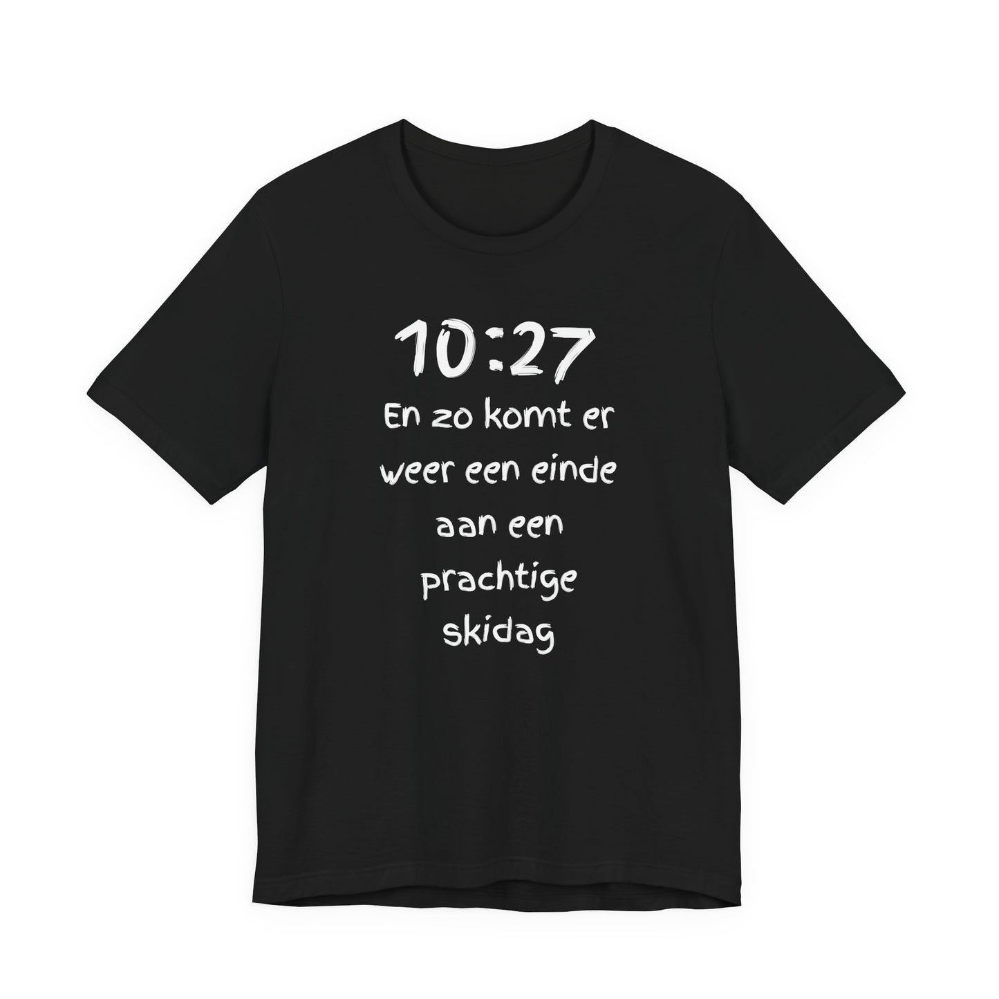Black t-shirt with a white logo on a white background