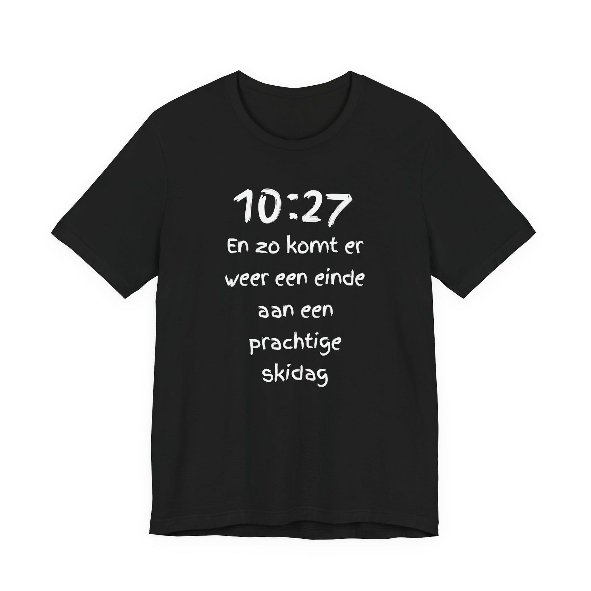 Black t-shirt with a white logo on a white background