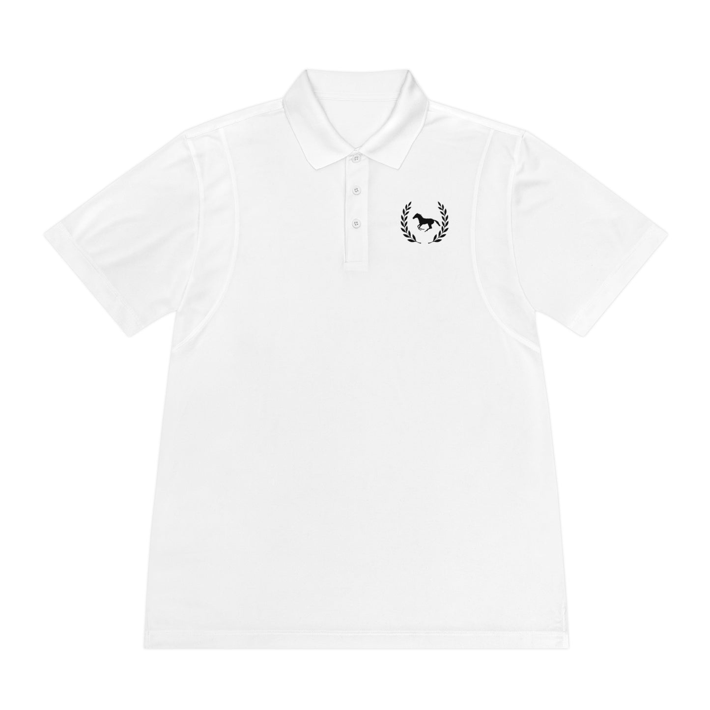 White polo shirt with a black logo on a white background