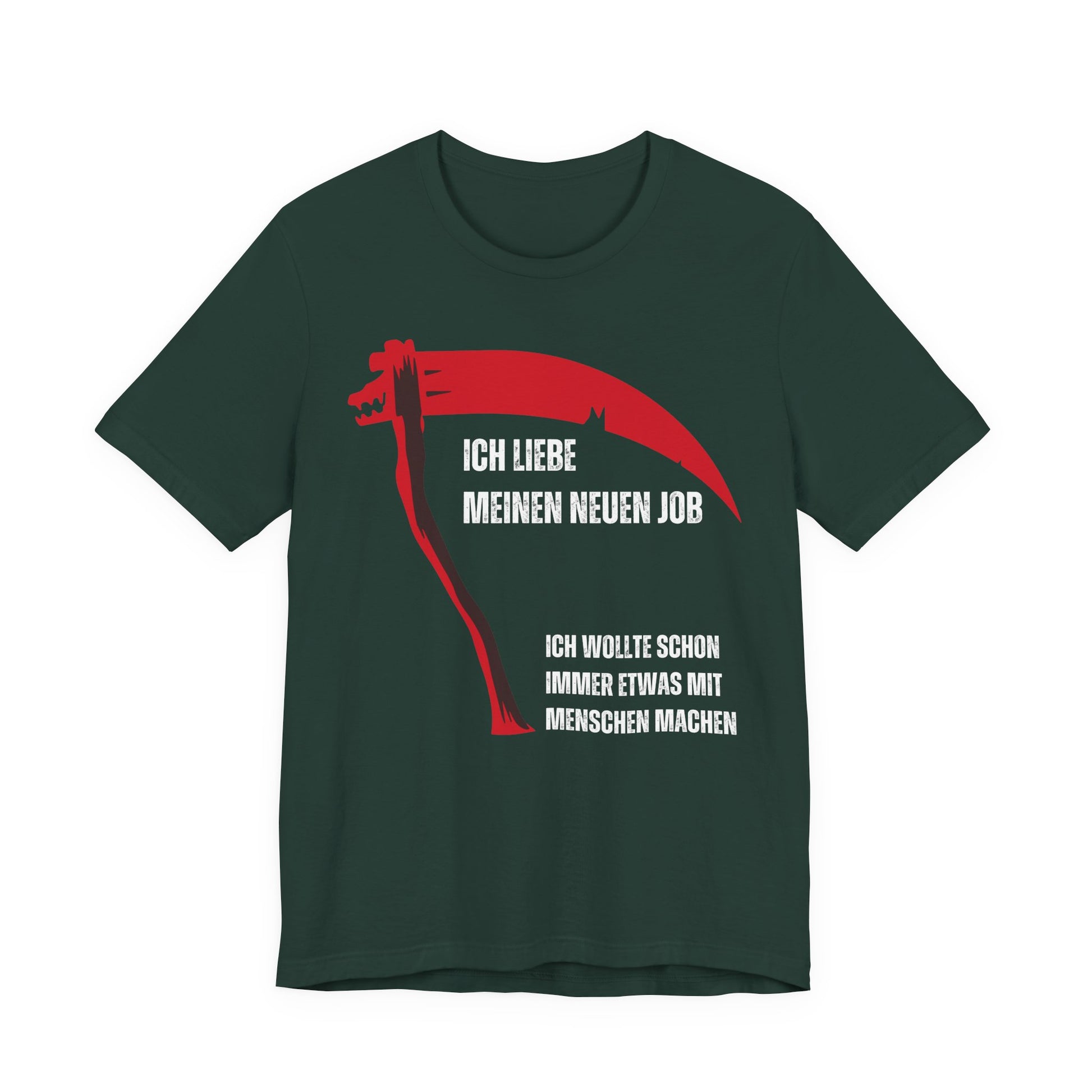 Black t-shirt with red and white graphic and text on a white background