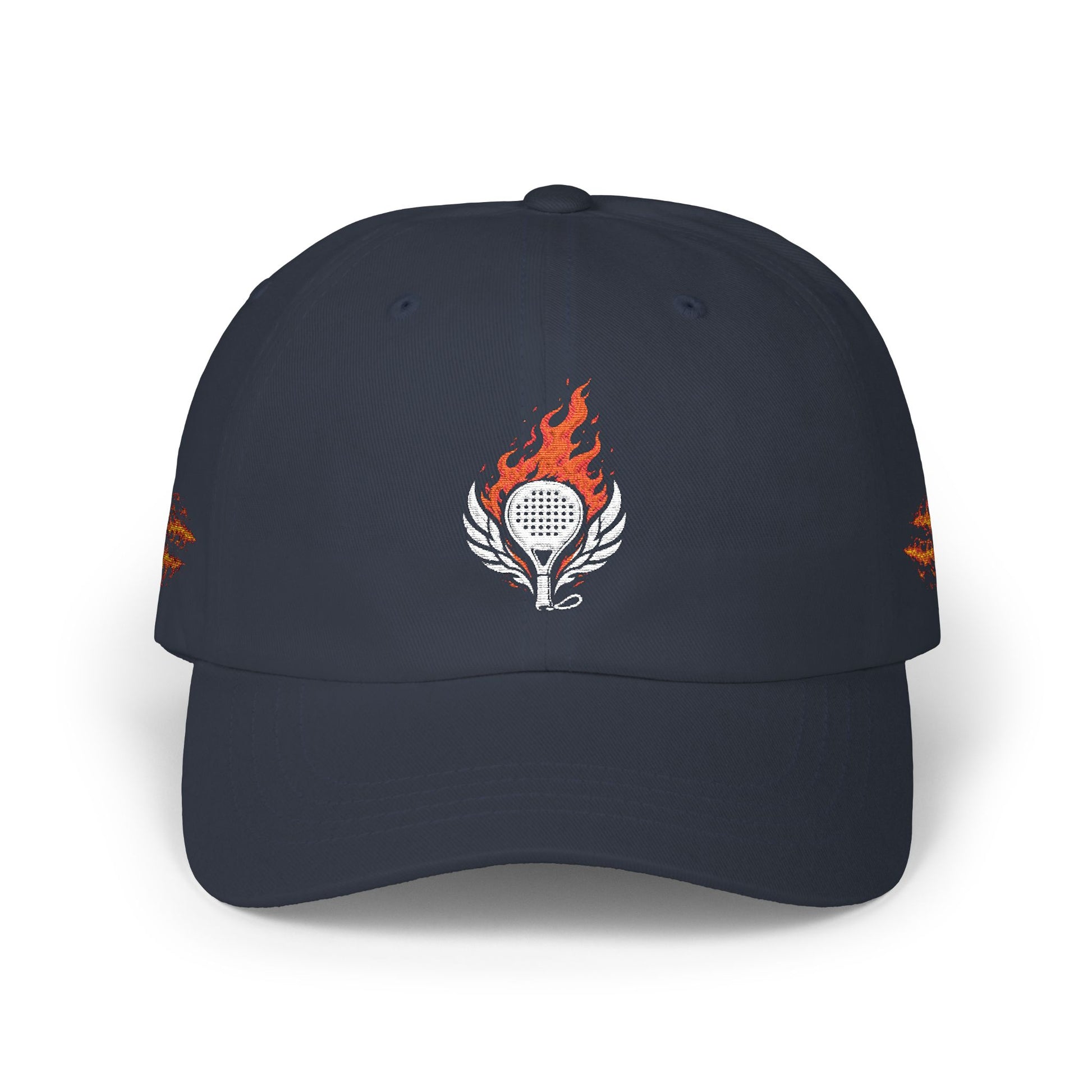 performance padel hat Navy blue cap with a logo featuring flames and a tennis racket on a white background