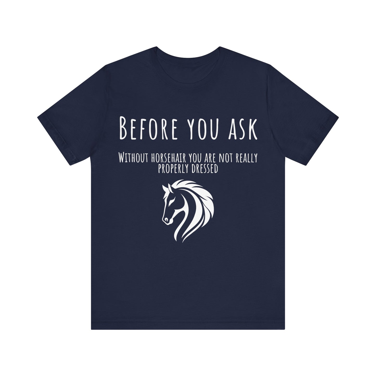 Navy blue t-shirt with white horse graphic and text on a white background