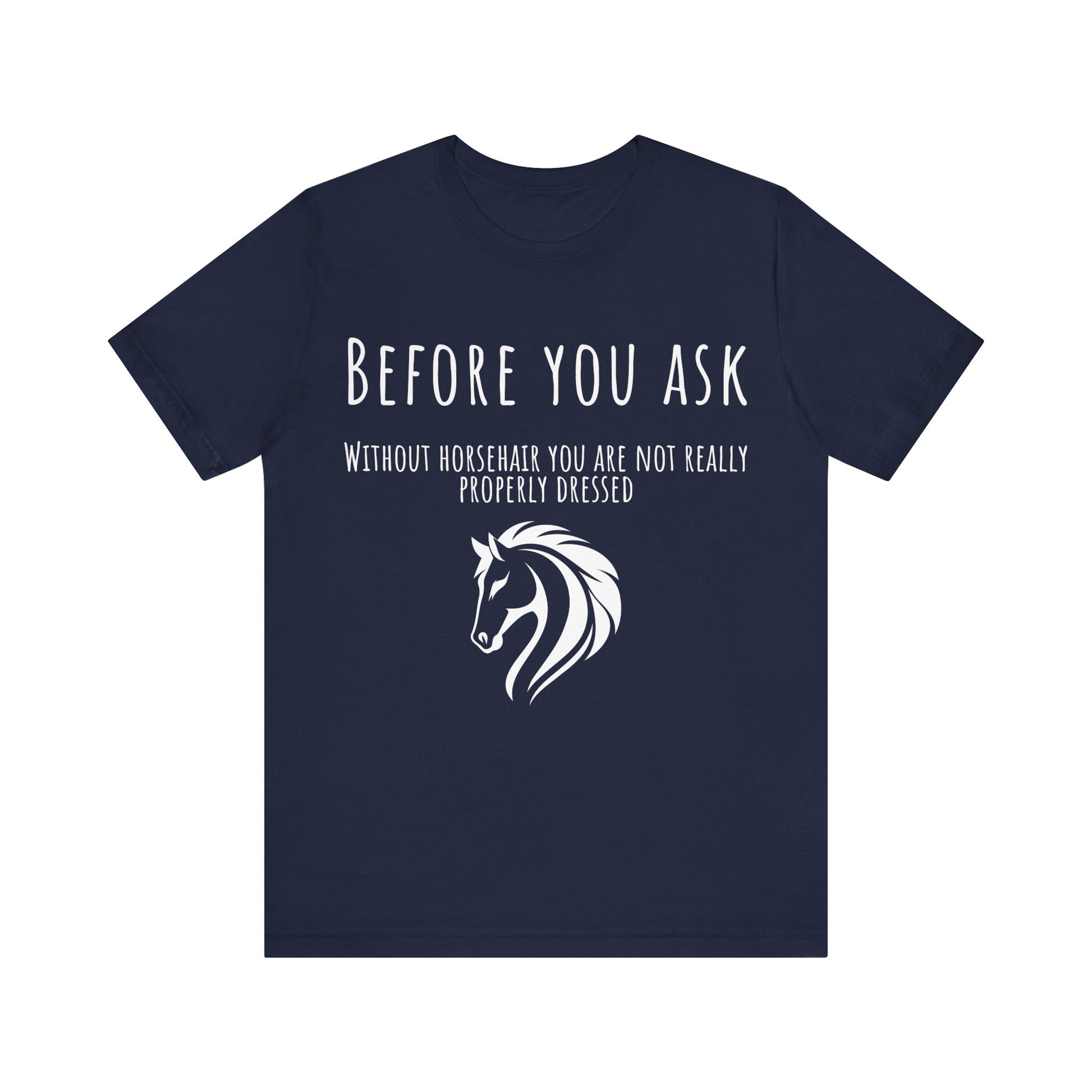 Navy blue t-shirt with white horse graphic and text on a white background