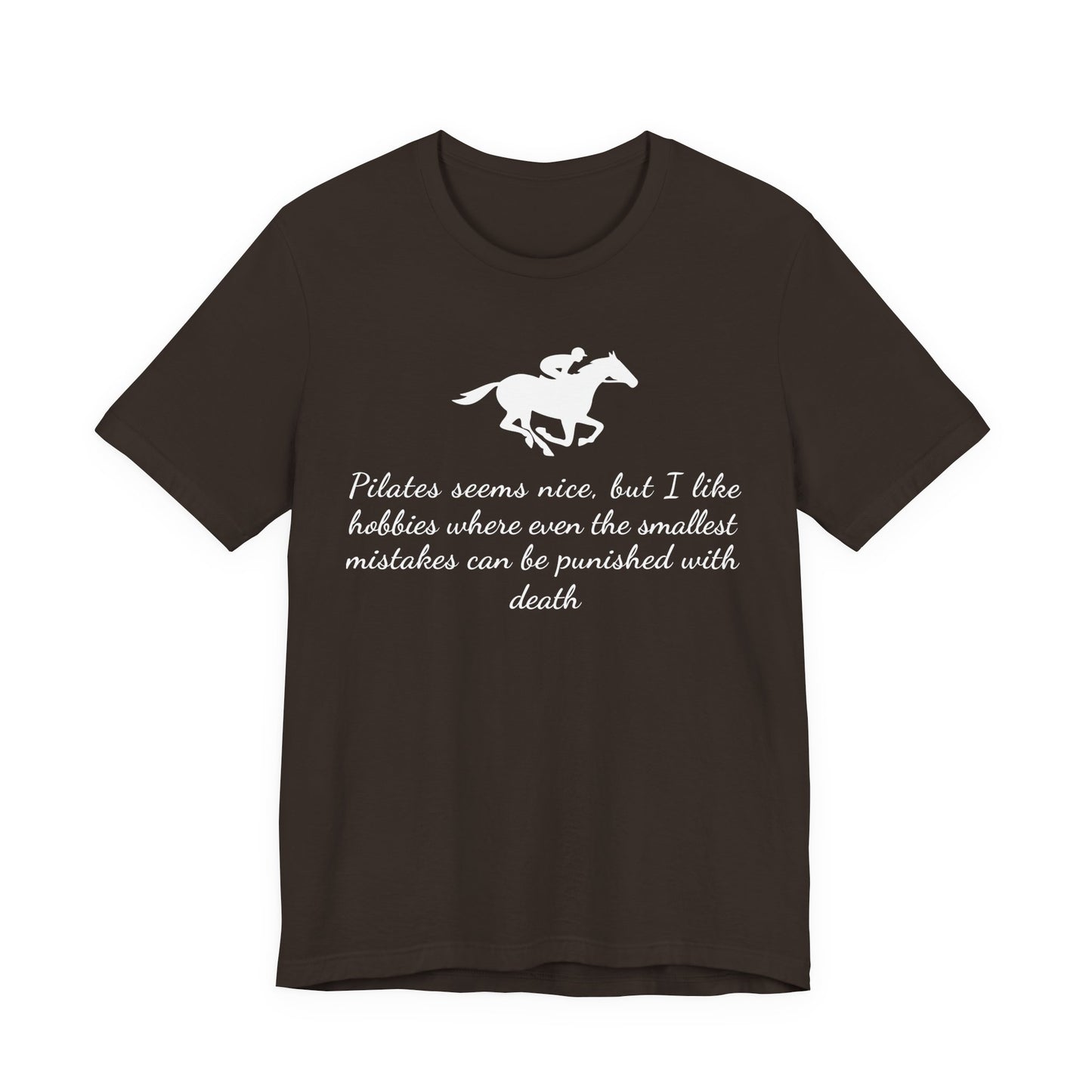 Black t-shirt with white horse graphic and text on a white background