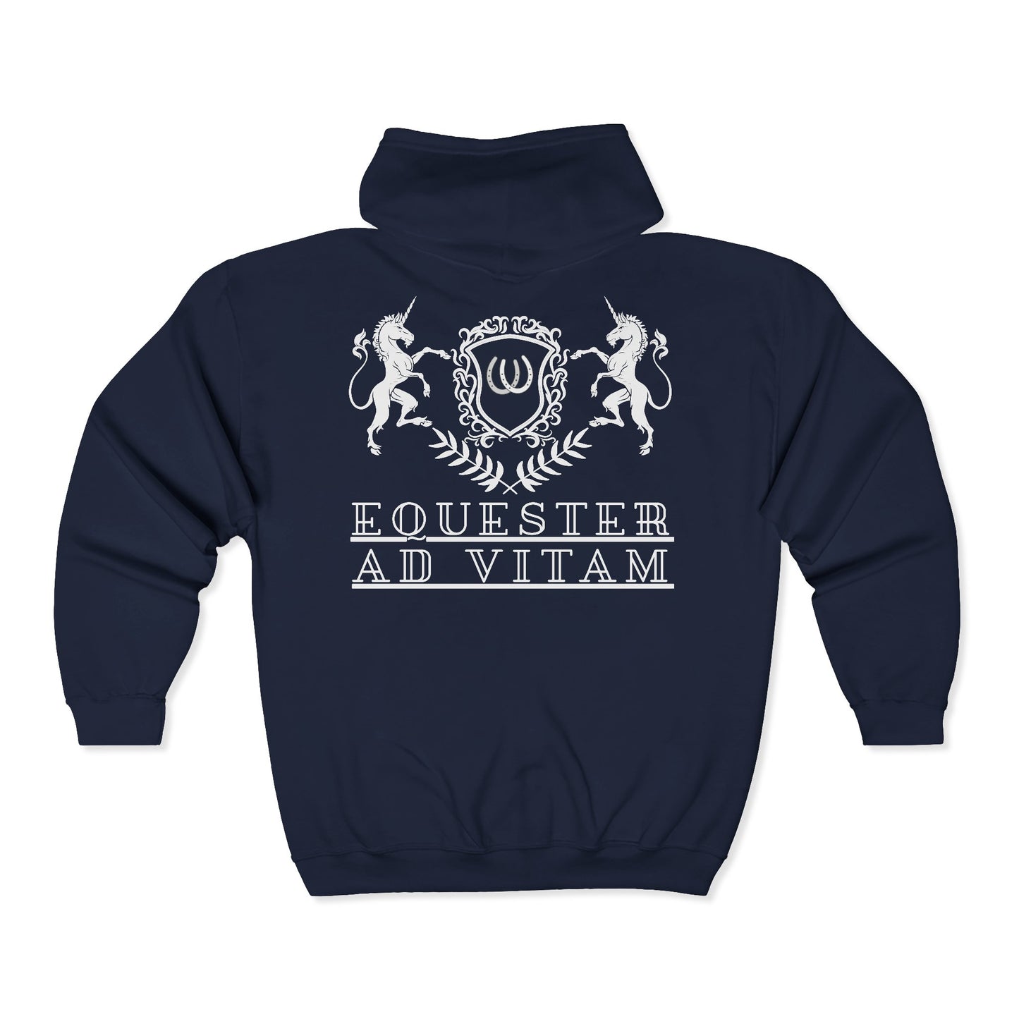 Navy blue hoodie with white emblem and text on a white background