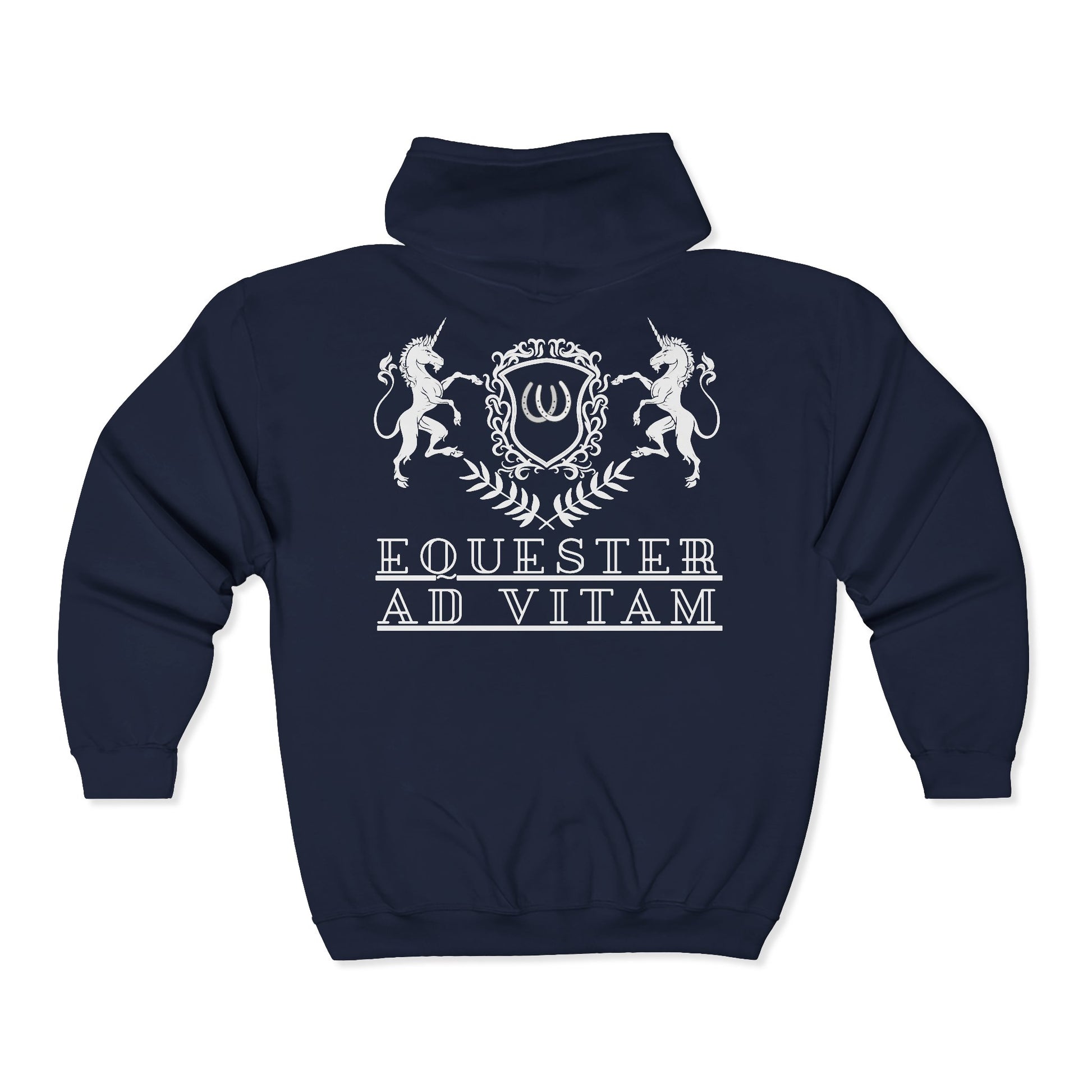 Navy blue hoodie with white emblem and text on a white background