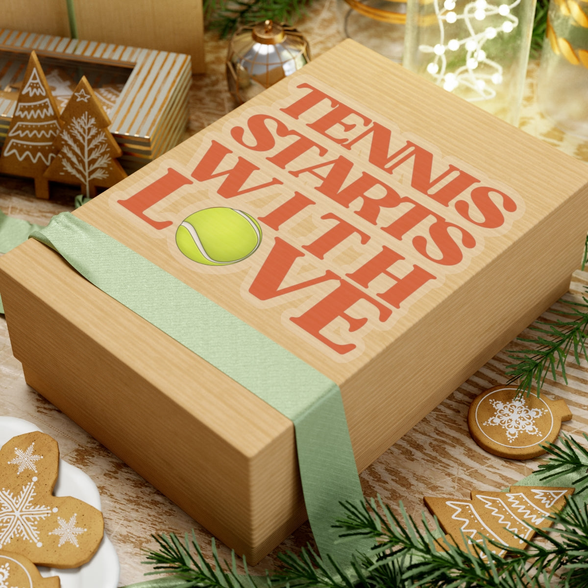 Wooden box with 'Tennis Starts with Love' text and tennis ball graphic on a festive background.