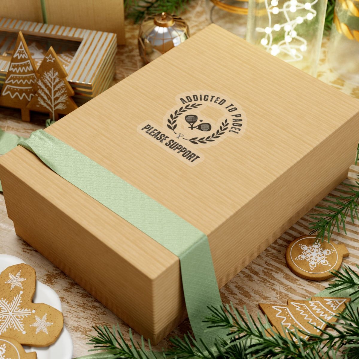 Wooden gift box with a green ribbon on a festive background with cookies and lights