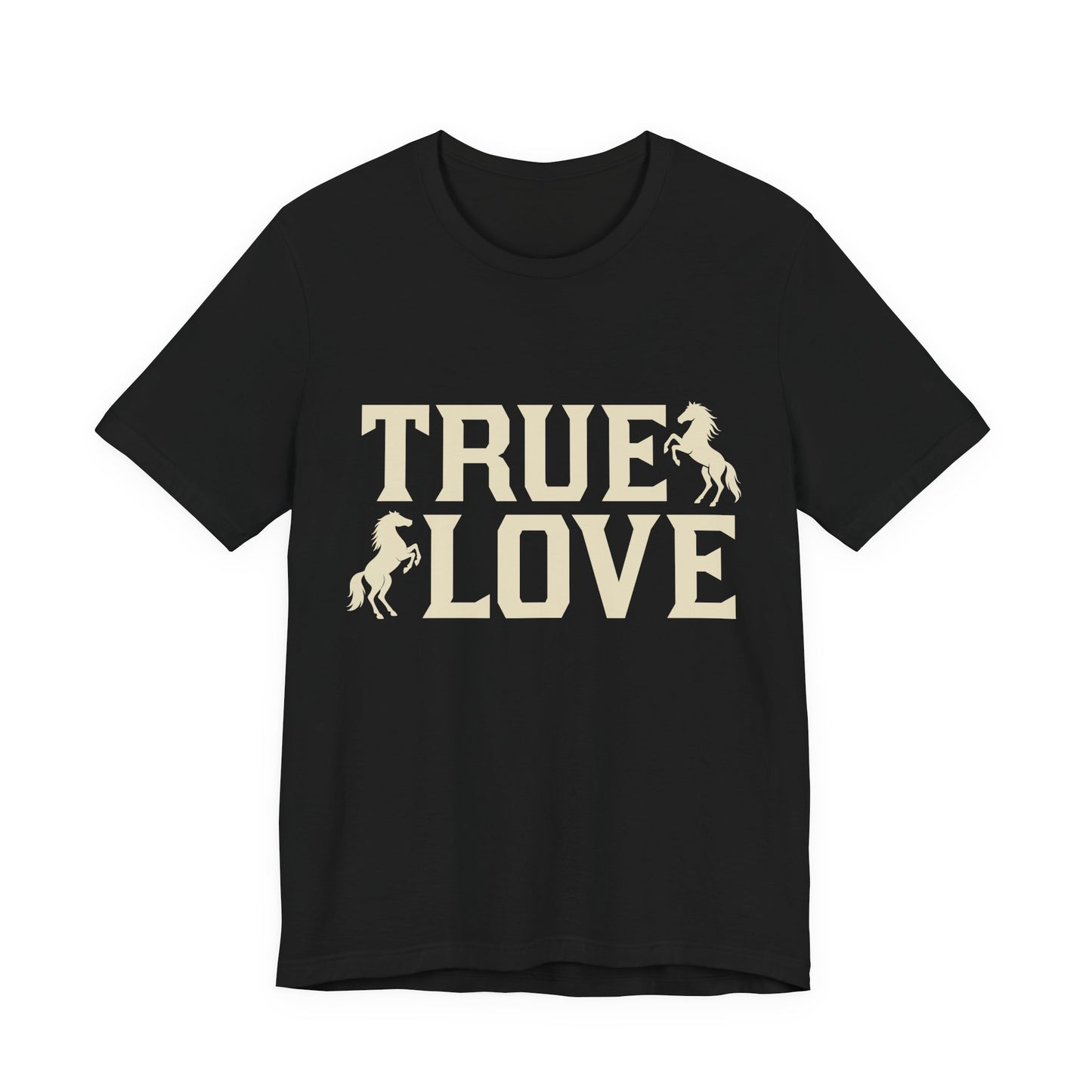 Black t-shirt with 'TRUE LOVE' text and horse graphics on a white background