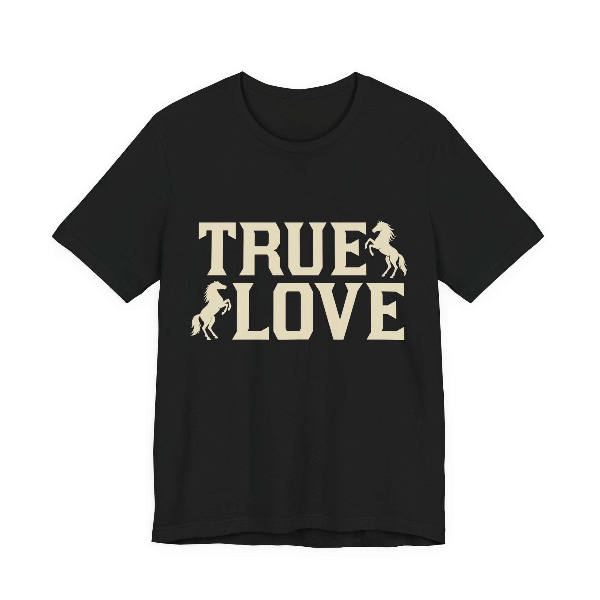 Black t-shirt with 'TRUE LOVE' text and horse graphics on a white background