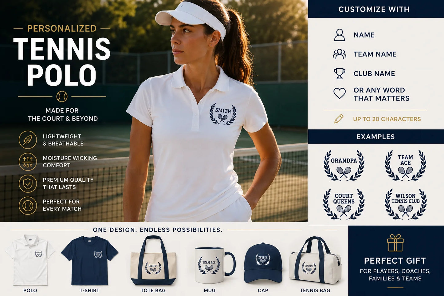 Custom tennis shirt Woman wearing a white tennis polo shirt with customization options displayed.
