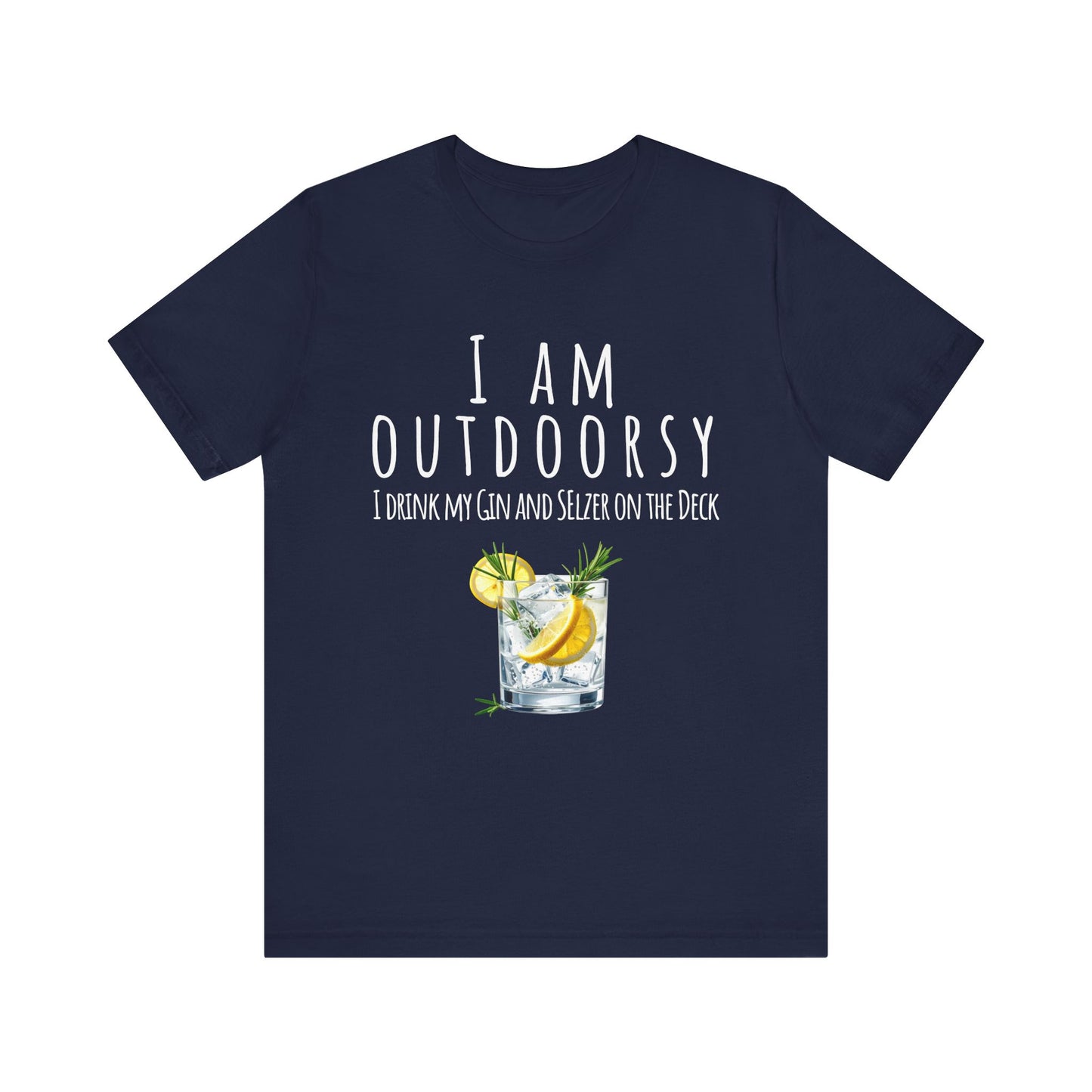 Navy blue t-shirt with a graphic of a gin and tonic and text on a white background