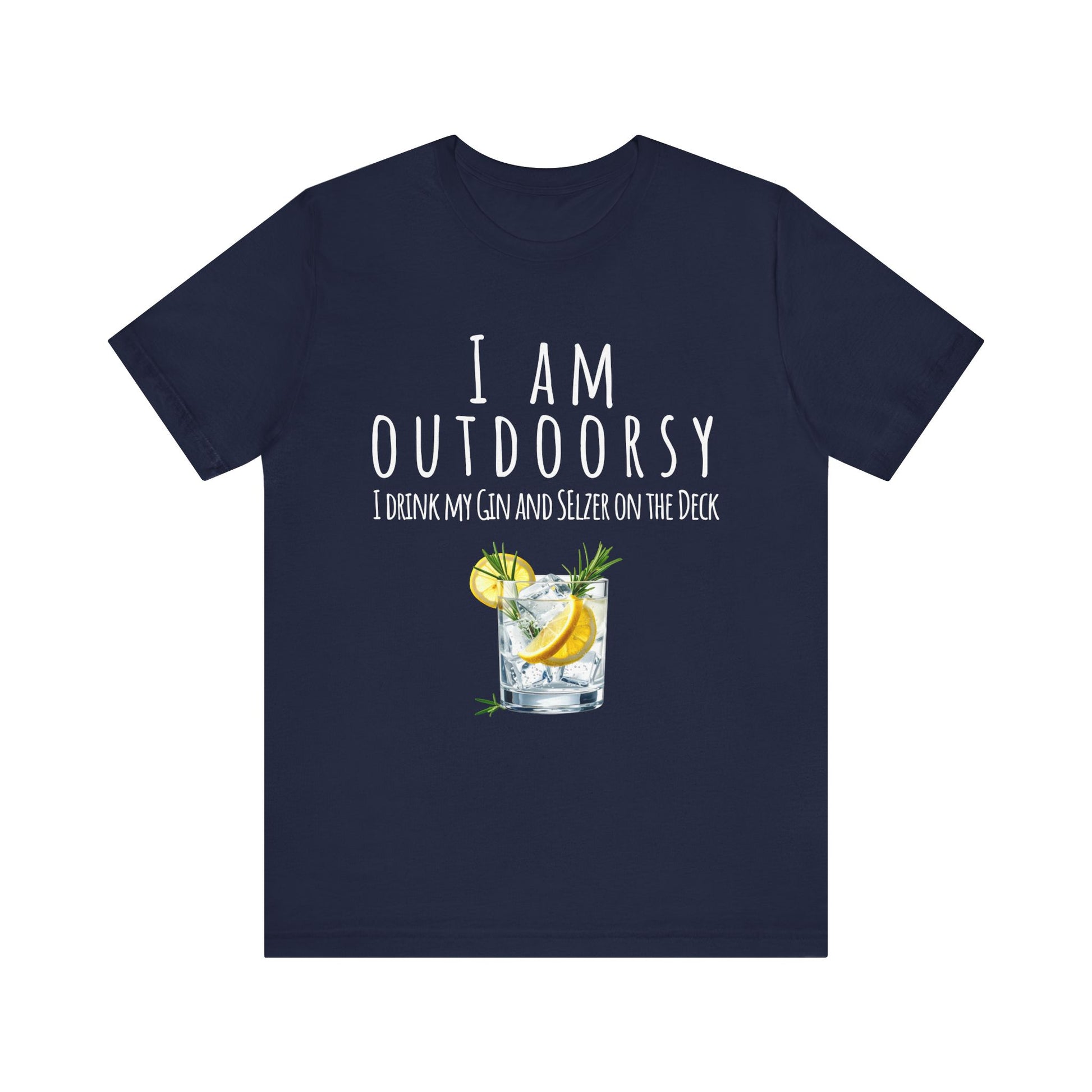 Navy blue t-shirt with a graphic of a gin and tonic and text on a white background