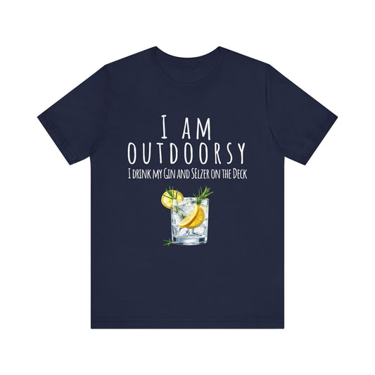 Navy blue t-shirt with a graphic of a gin and tonic and text on a white background
