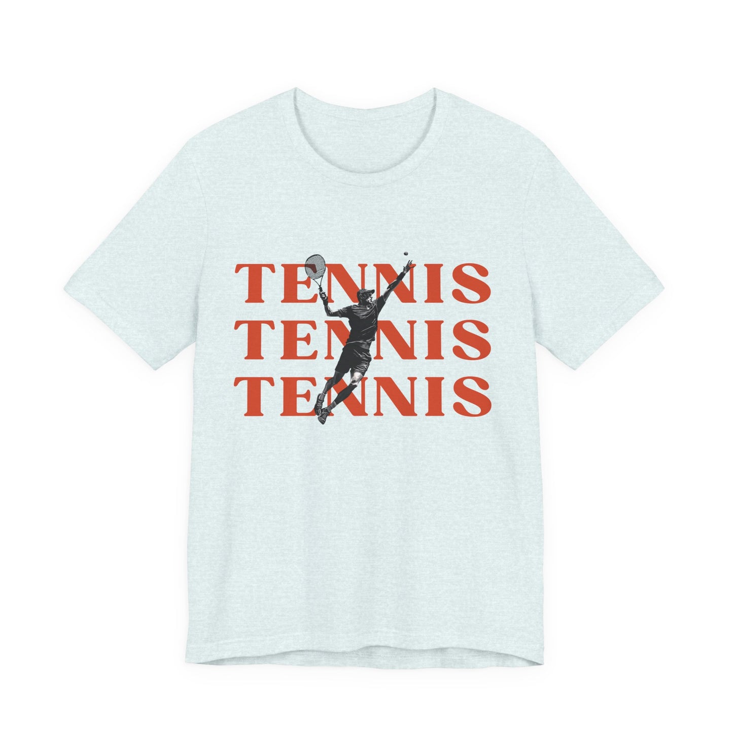 Light blue t-shirt with red 'TENNIS TENNIS TENNIS' text and tennis player graphic on a white background