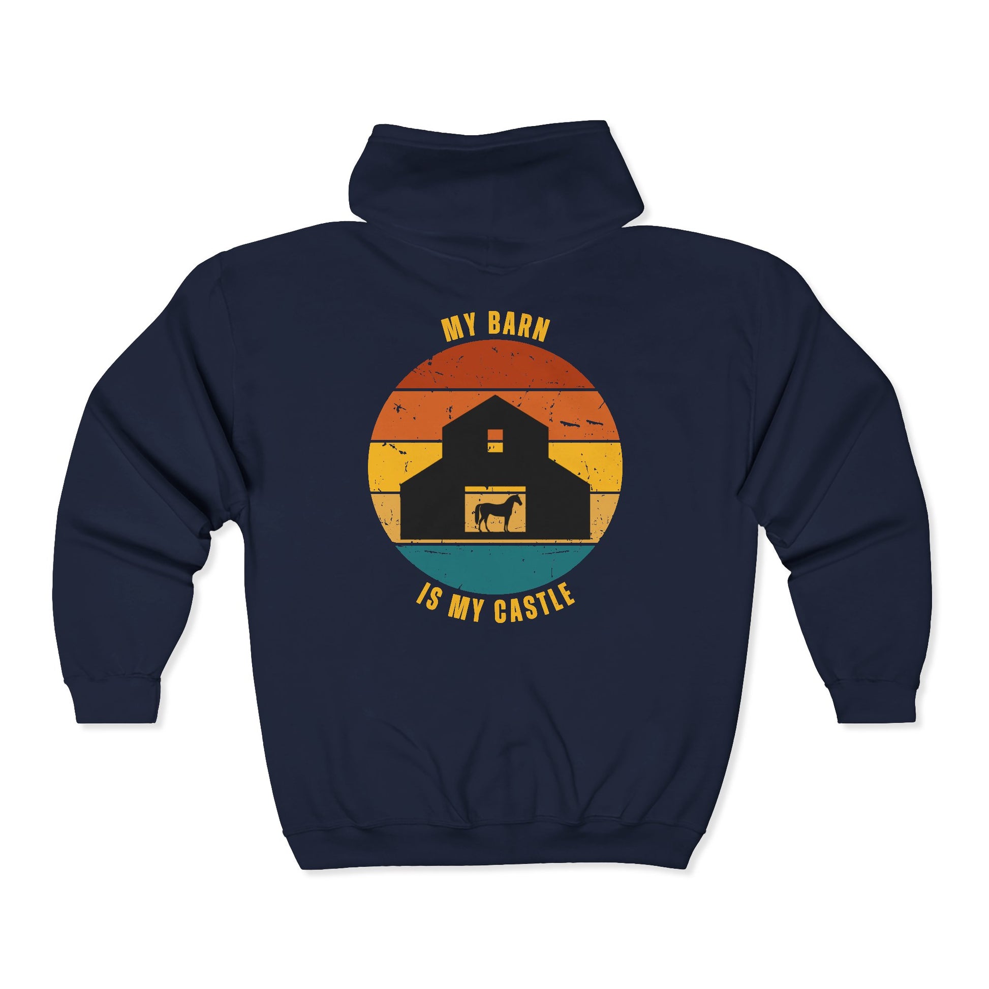 Navy blue hoodie with a graphic of a barn and text 'My Barn is My Castle' on the back, against a white background.