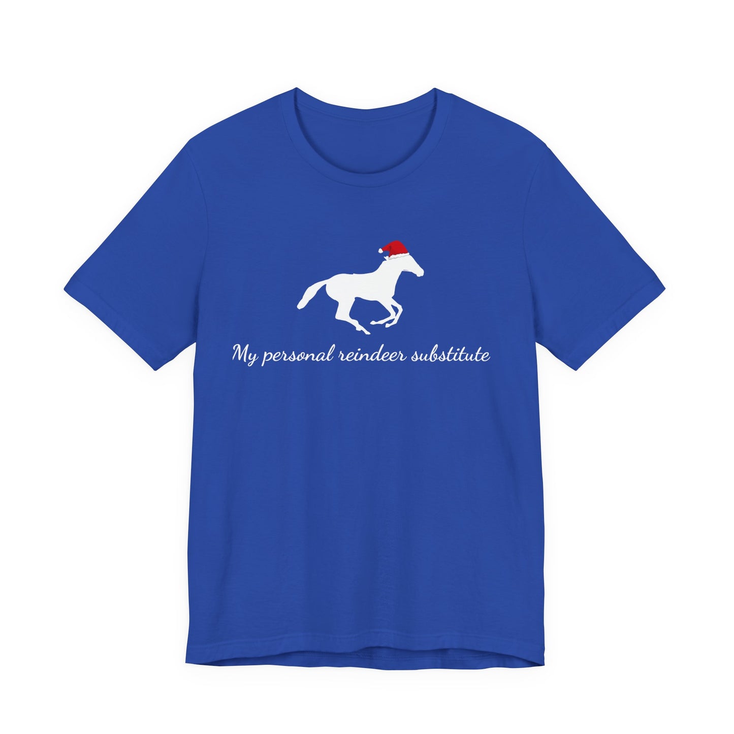 Blue t-shirt with a horse graphic and text on a white background
