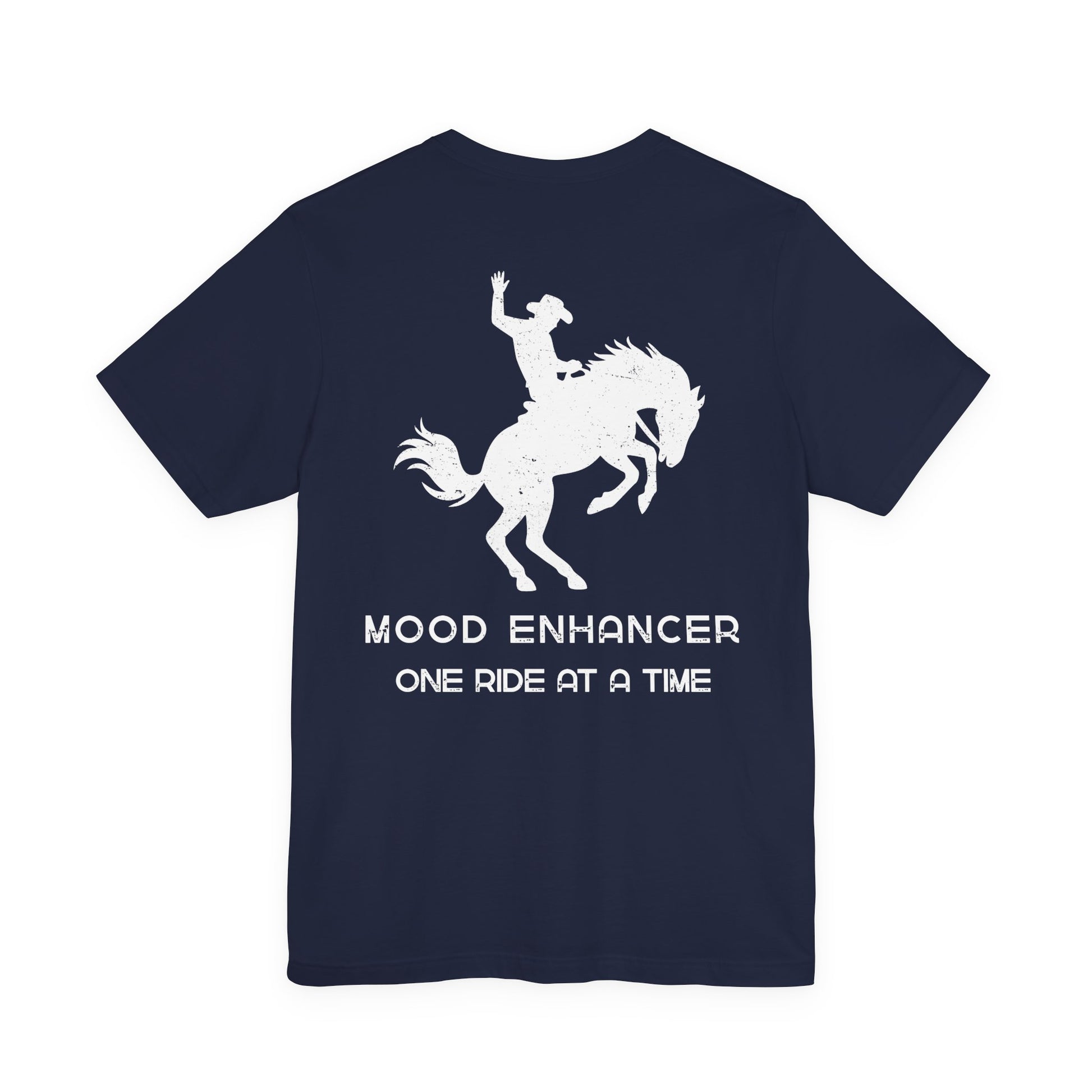 Navy blue t-shirt with white graphic and text on a white background