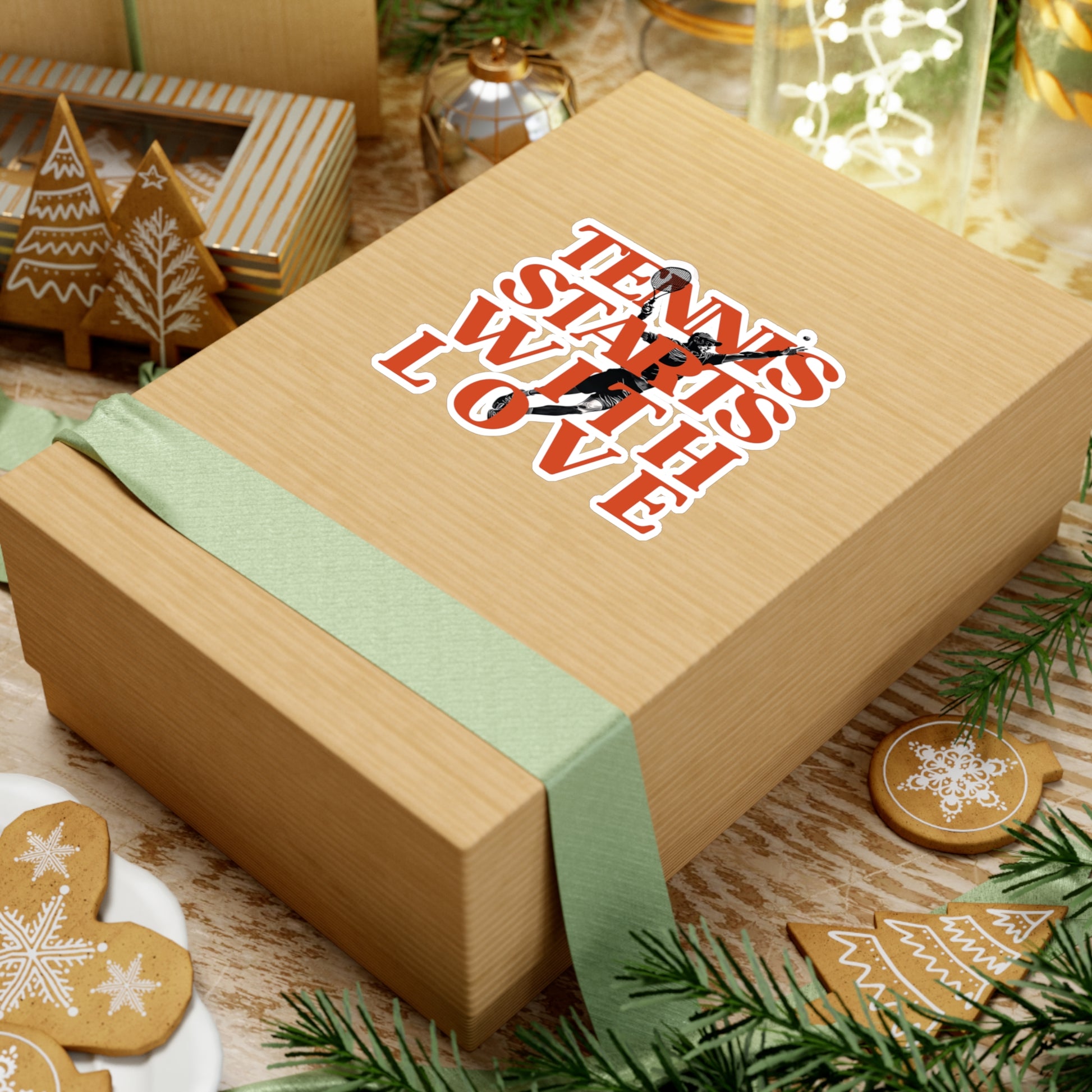 Wooden gift box with decorative ribbon and festive design on a holiday-themed background