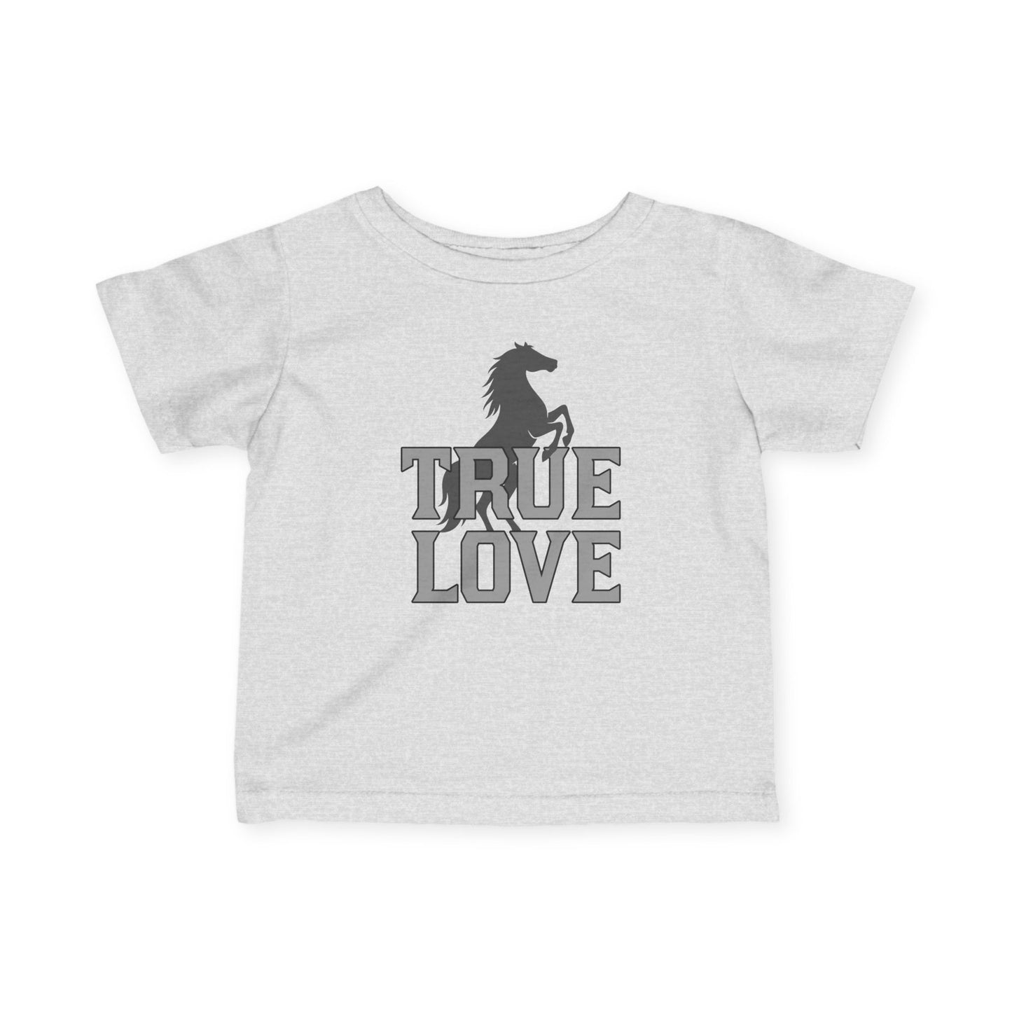 Gray t-shirt with horse graphic and 'True Love' text on a white background