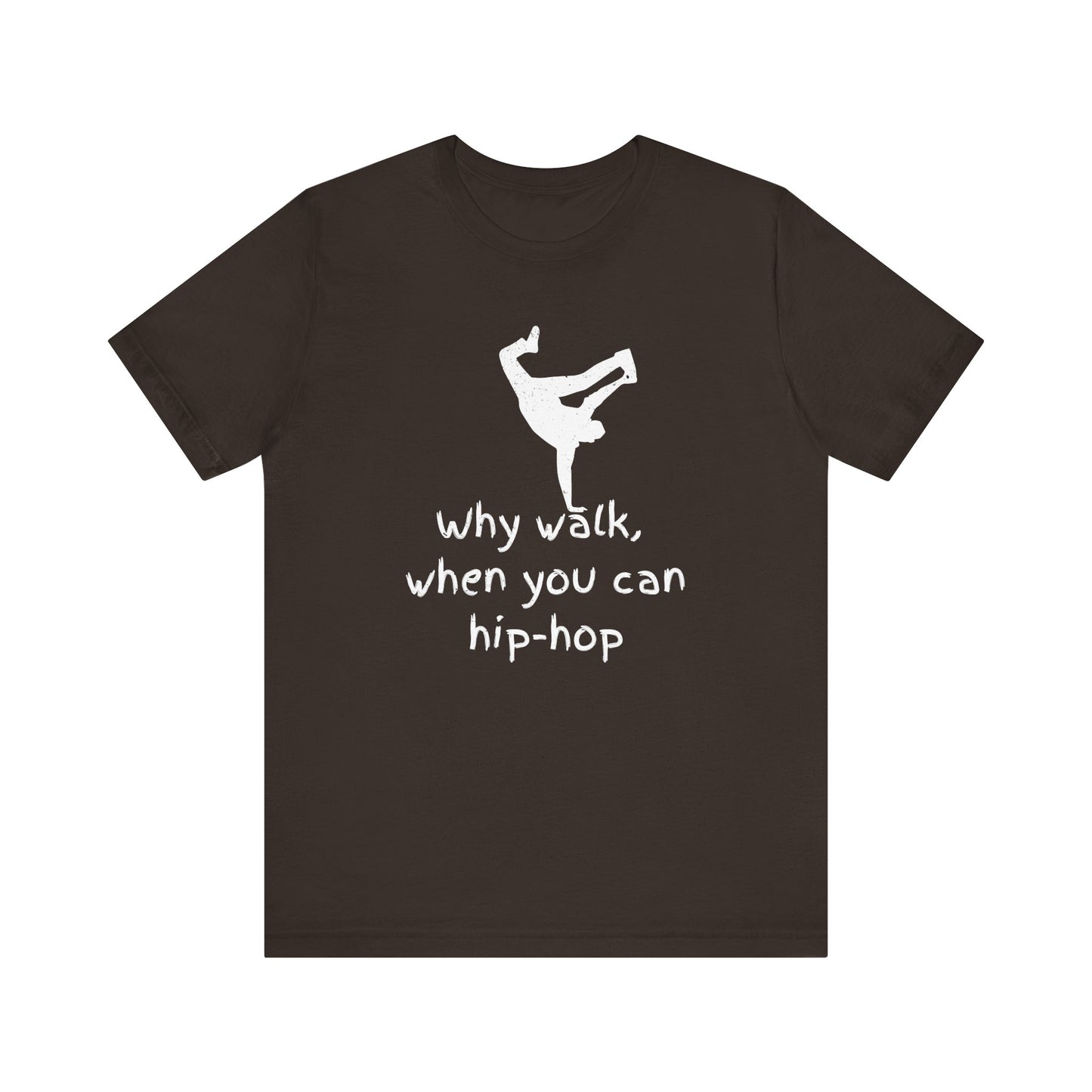 Brown t-shirt with white graphic and text on a white background