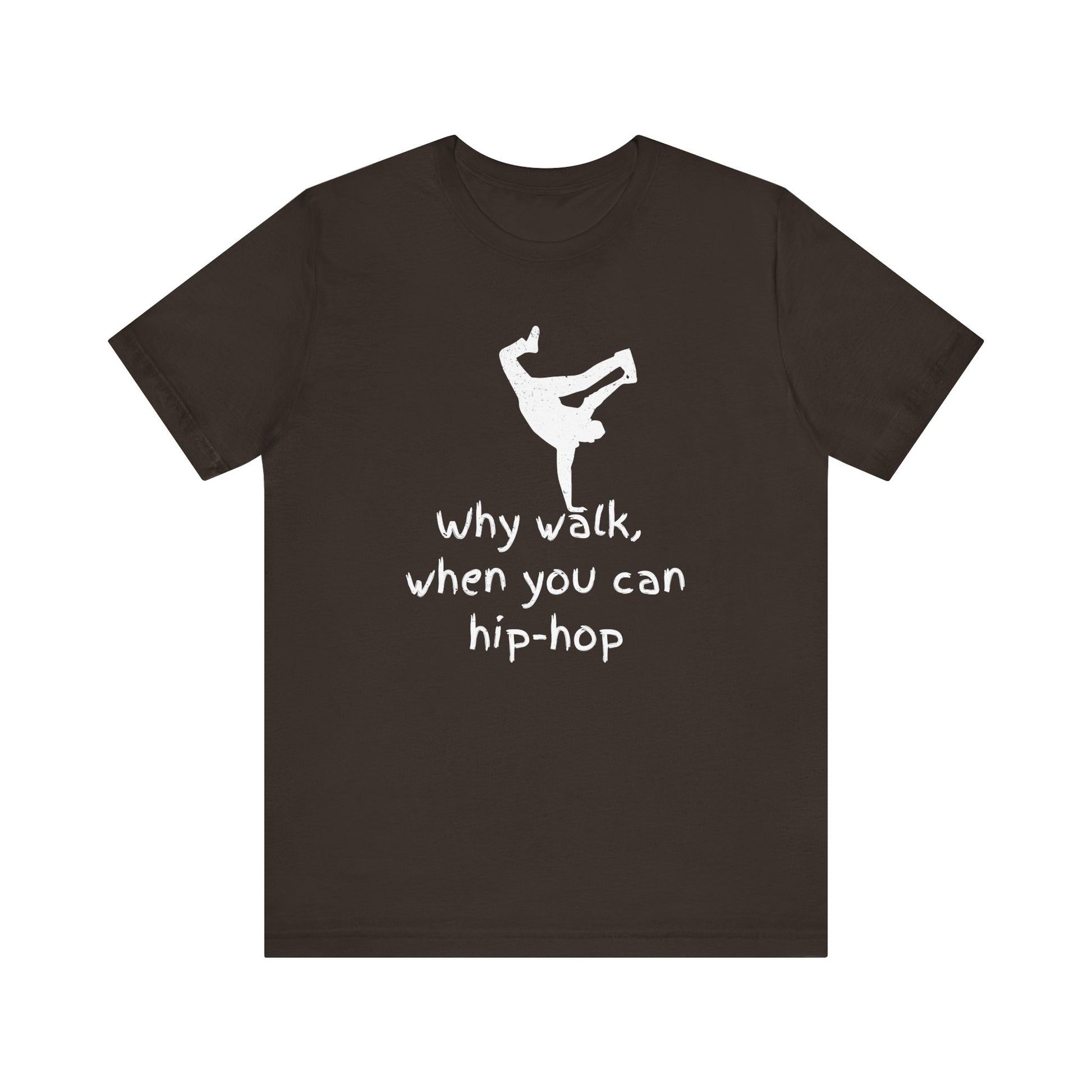 Brown t-shirt with white graphic and text on a white background