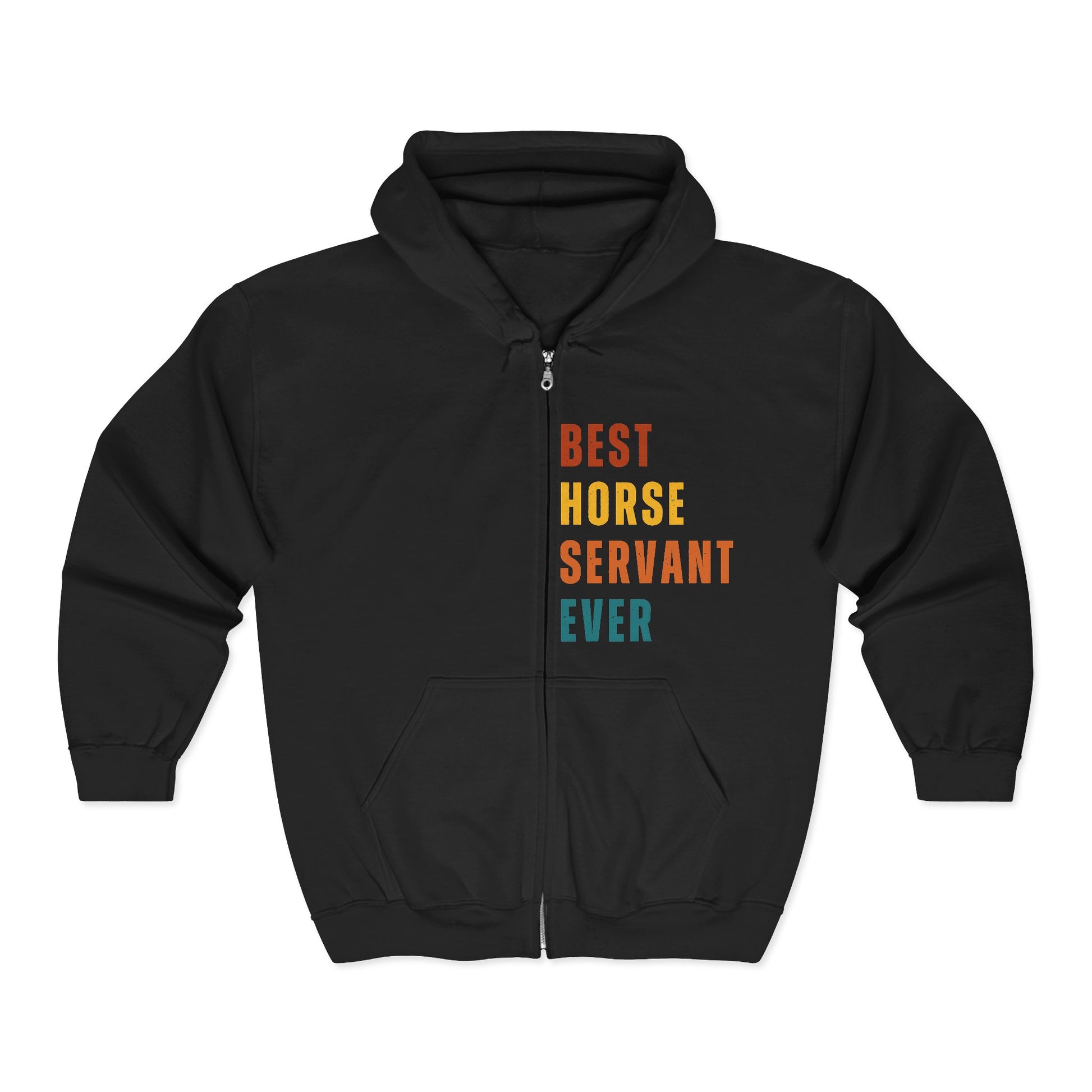 Black hoodie with colorful text 'BEST HORSE SERVANT EVER' on a white background