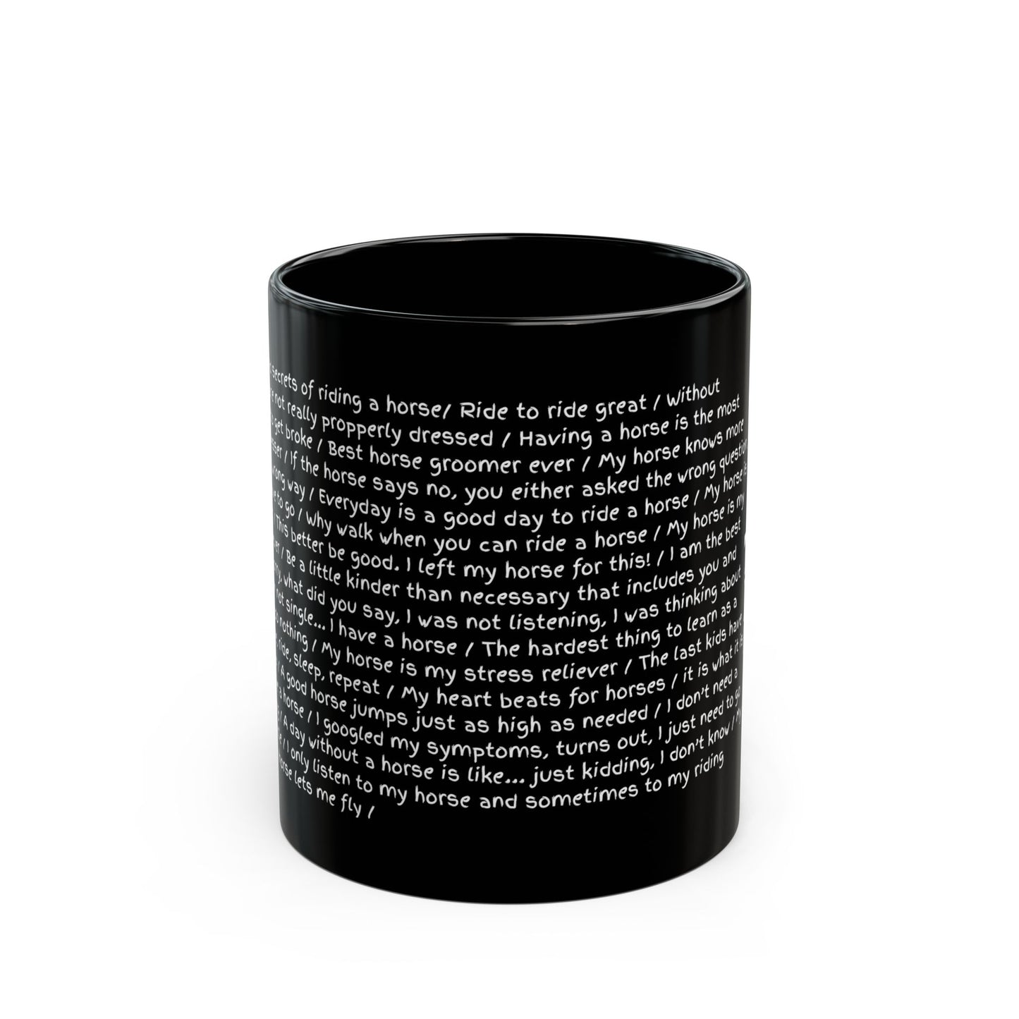 Black mug with white text on a white background