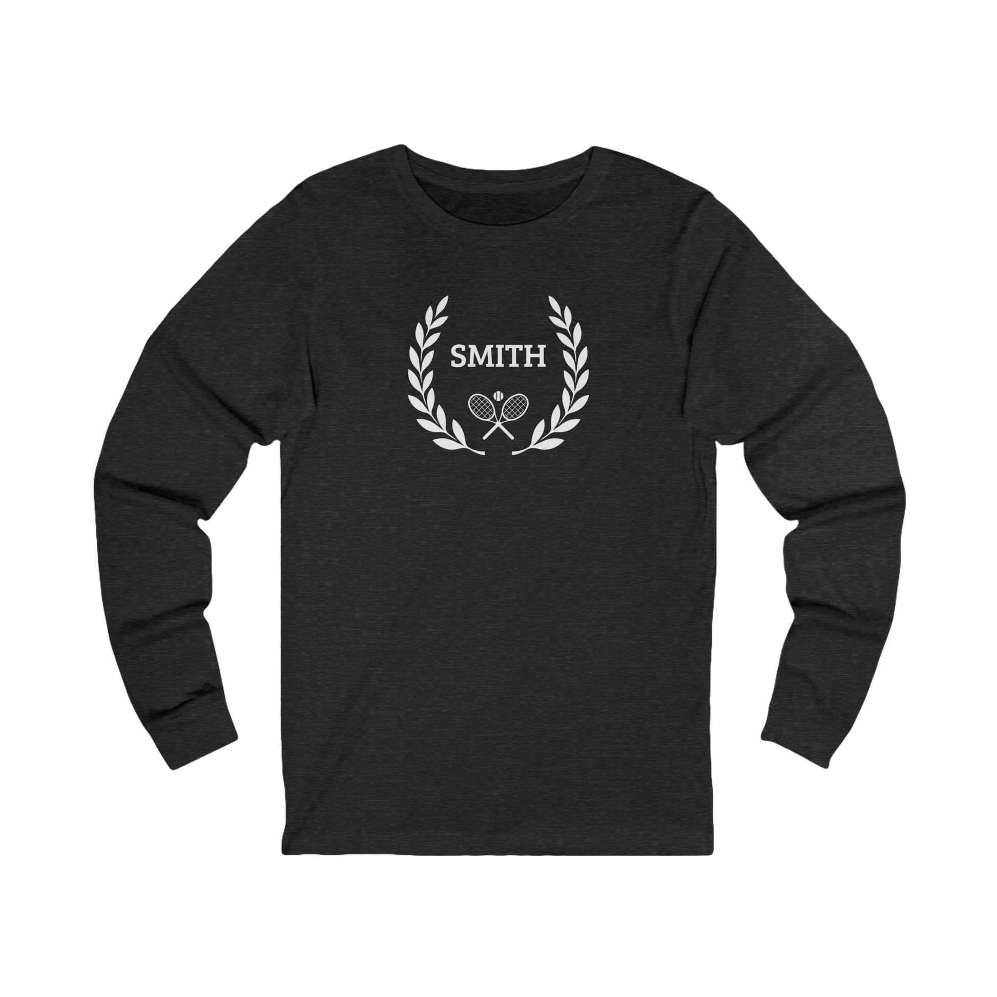 long sleeve tennis shirt Black long-sleeve shirt with a skull and floral design on a white background