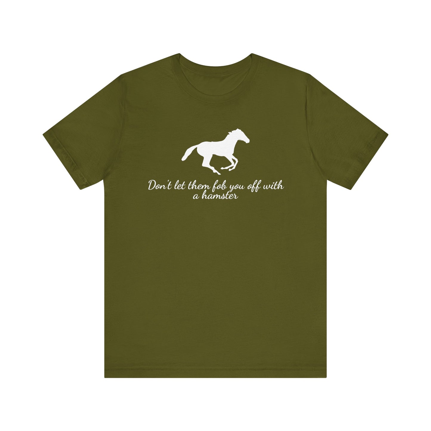 Green t-shirt with a white horse graphic and text on a white background