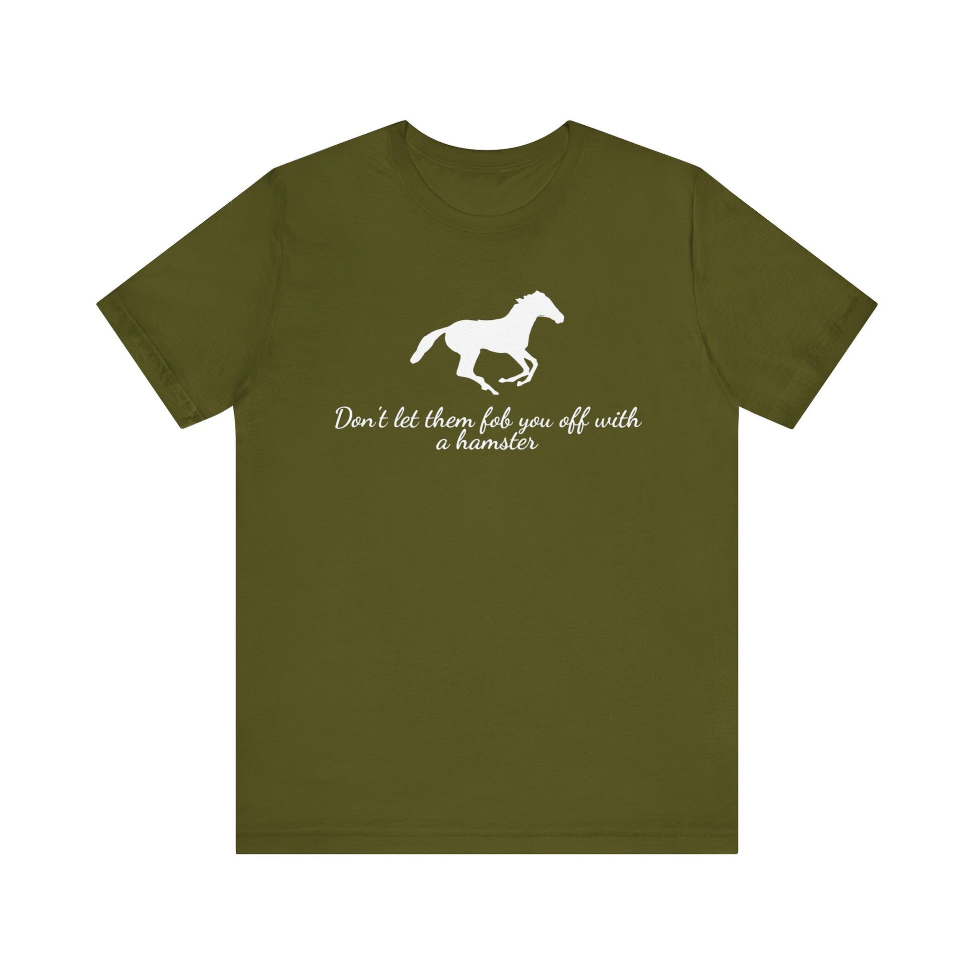 Green t-shirt with a white horse graphic and text on a white background