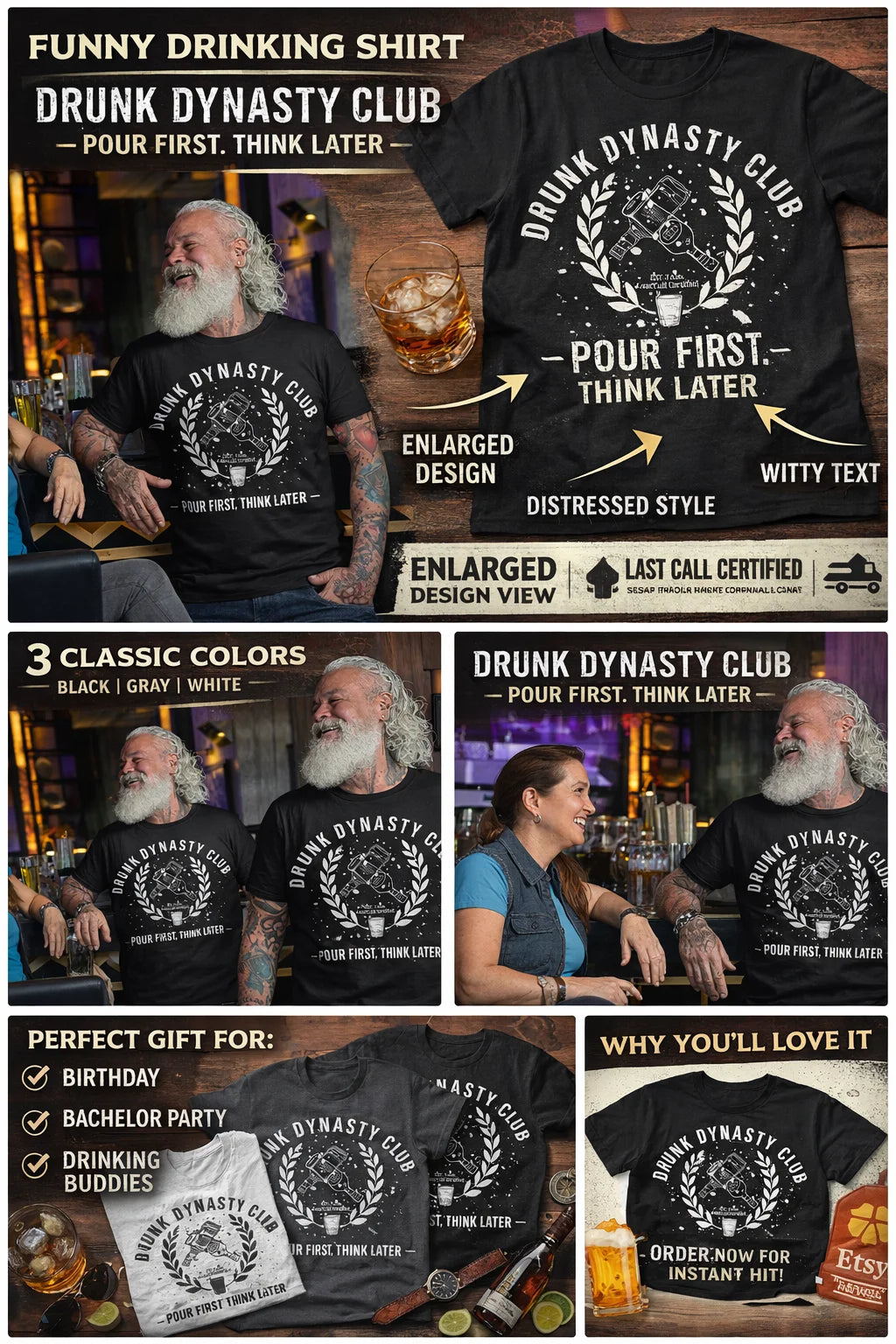 Funny shirts for men Drunk Dynasty Club t-shirt with humorous text and graphics on a wooden background.