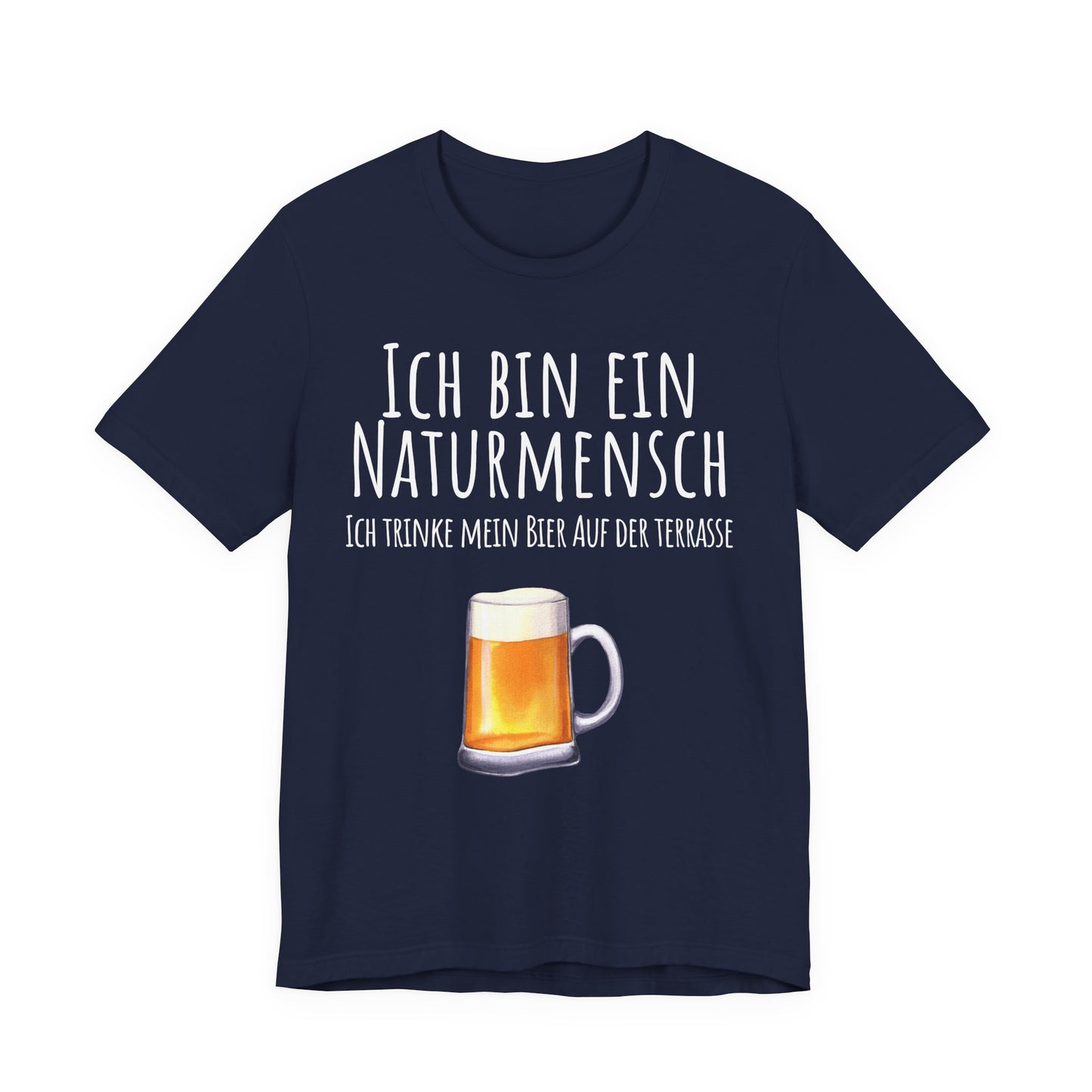 Navy blue t-shirt with a beer graphic and German text on a white background
