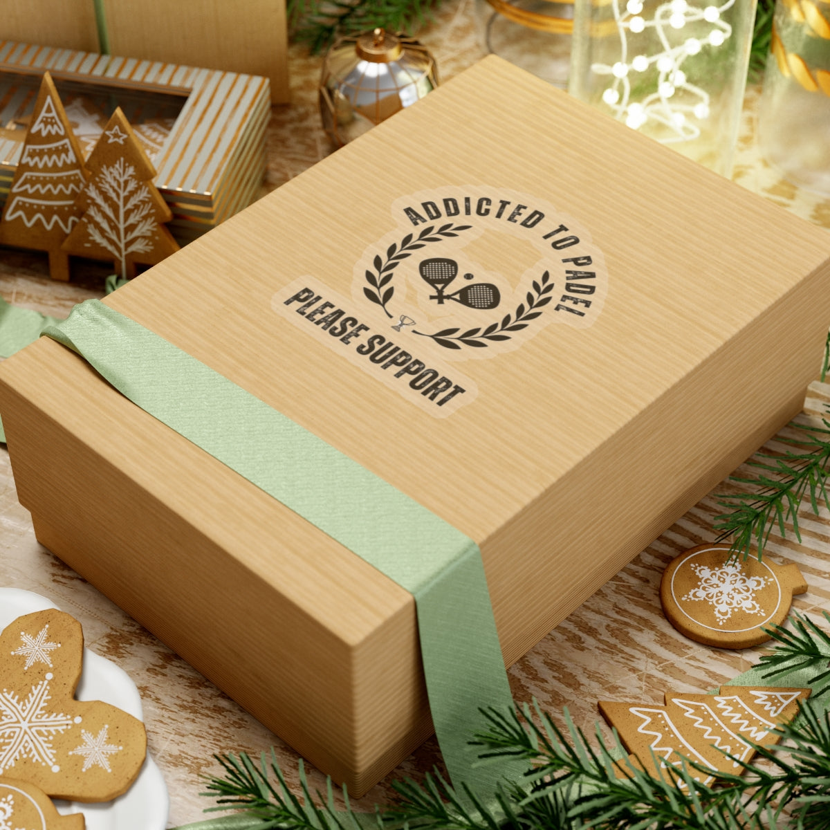 Wooden gift box with green ribbon on a festive background with cookies and lights