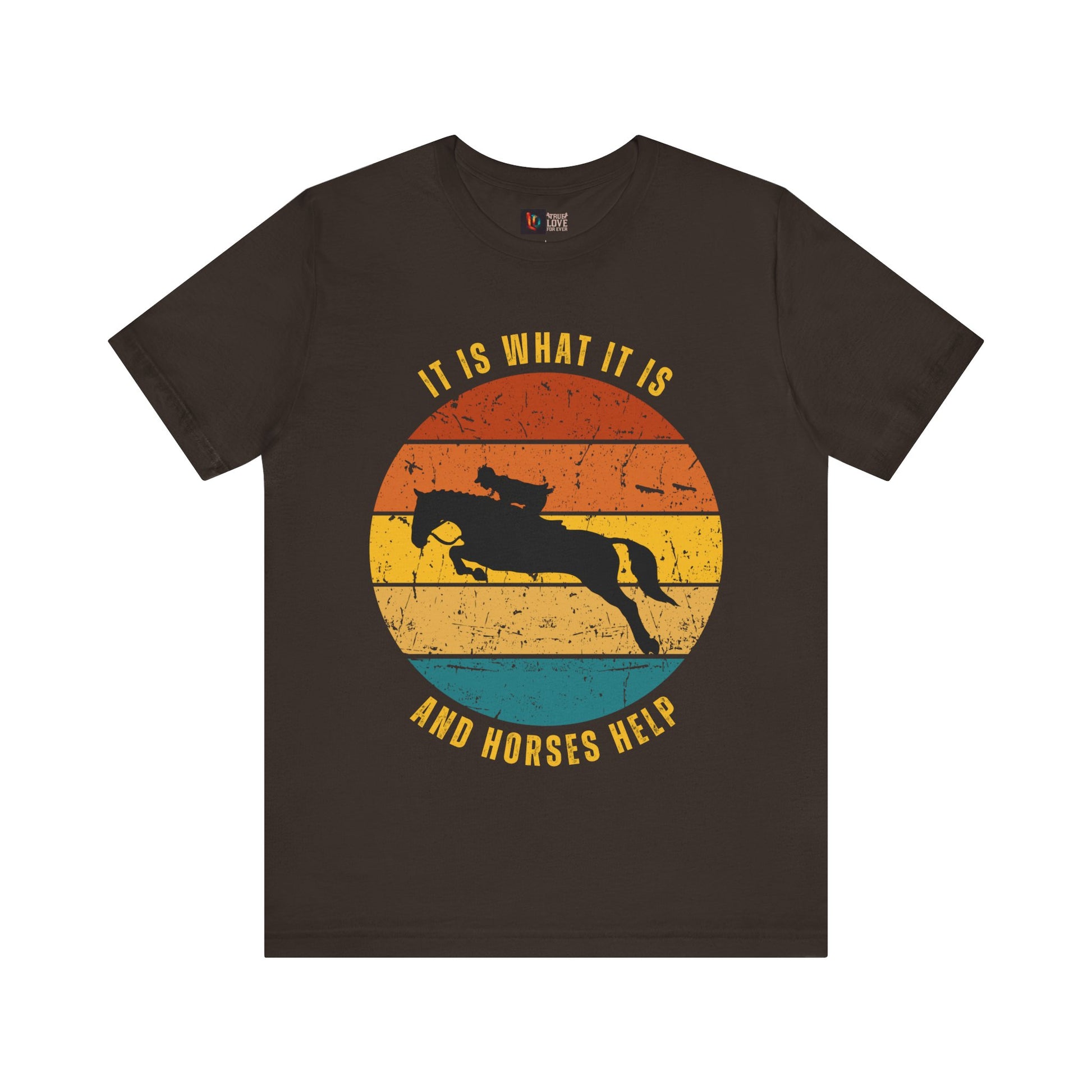 Brown t-shirt with a horse graphic and text on a white background