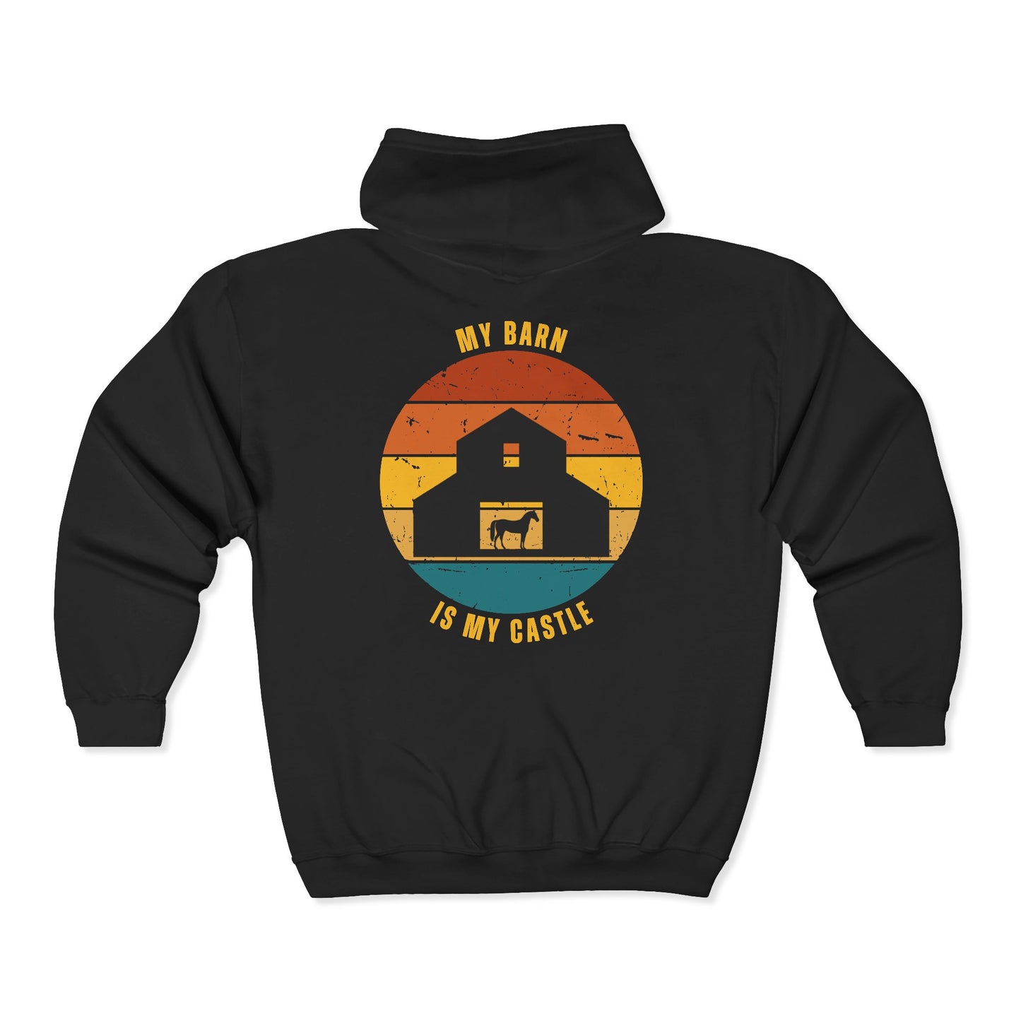 Black hoodie with a graphic design of a barn and text 'My Barn is My Castle' on a white background