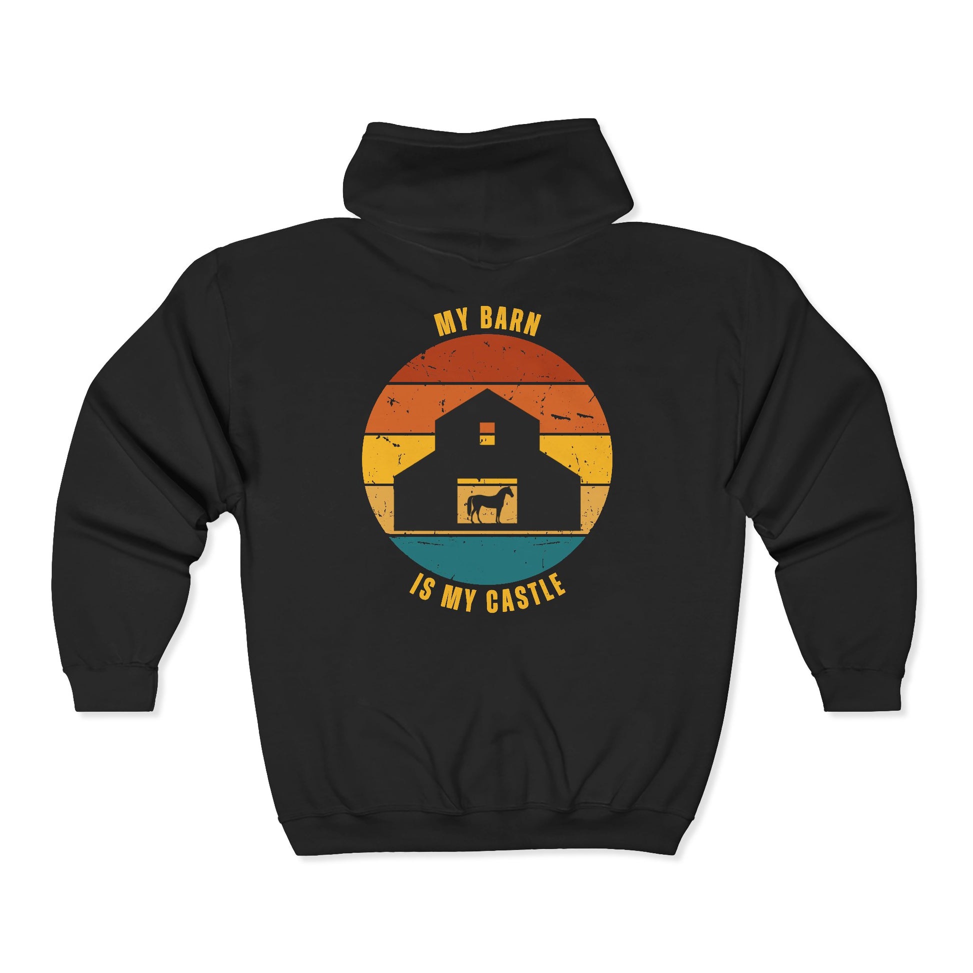 Black hoodie with a graphic design of a barn and text 'My Barn is My Castle' on a white background