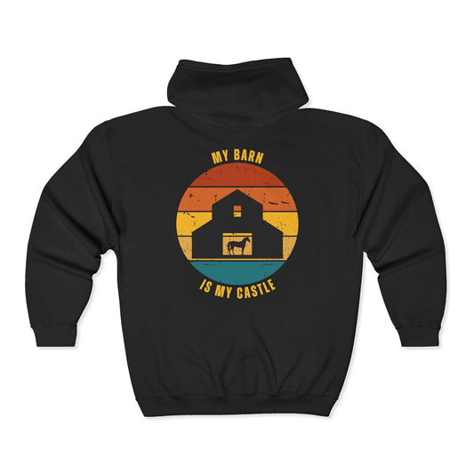 Black hoodie with a graphic design of a barn and text 'My Barn is My Castle' on a white background