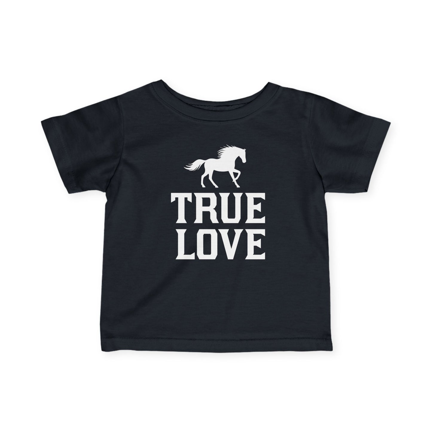 Black t-shirt with a horse graphic and 'TRUE LOVE' text on a white background