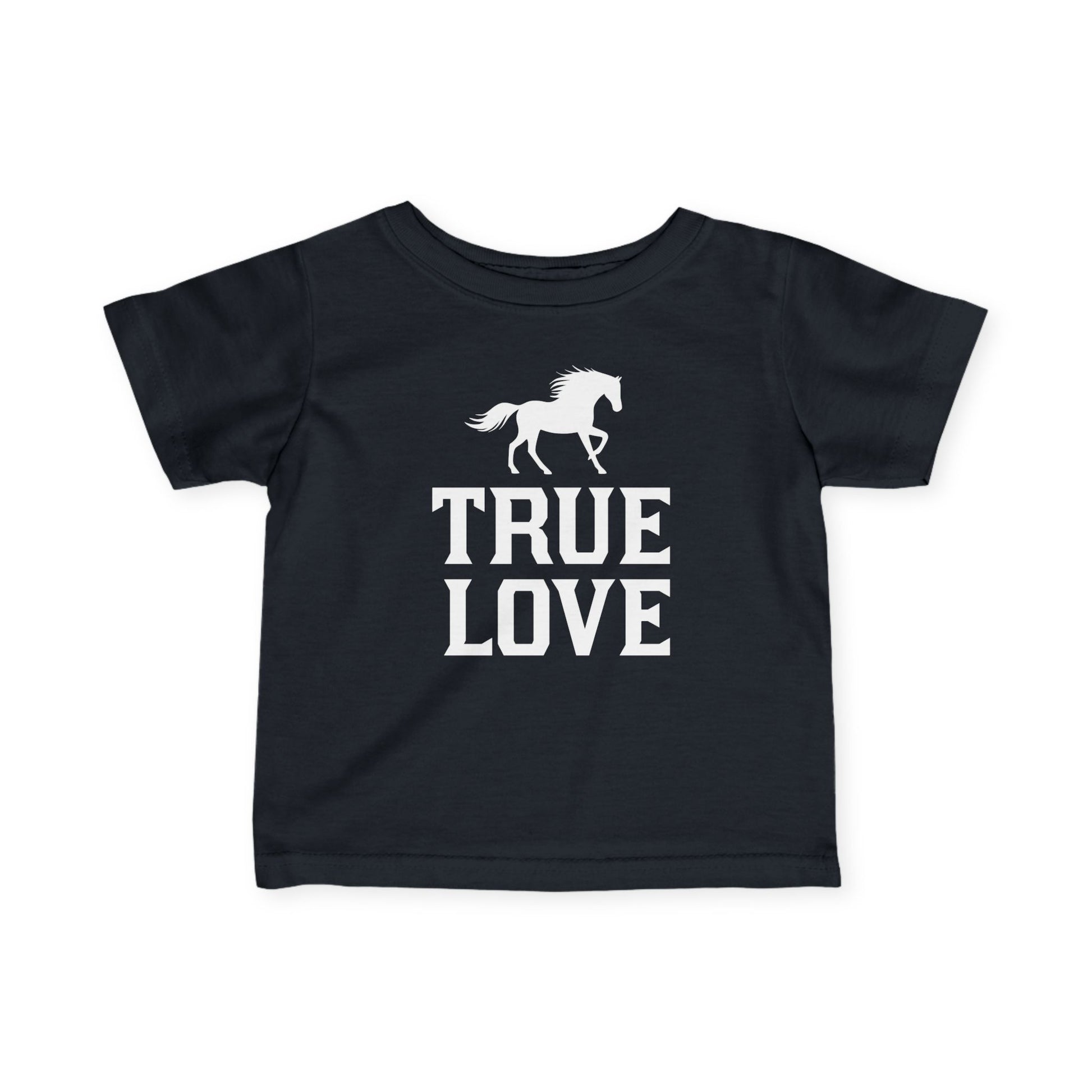 Black t-shirt with a horse graphic and 'TRUE LOVE' text on a white background