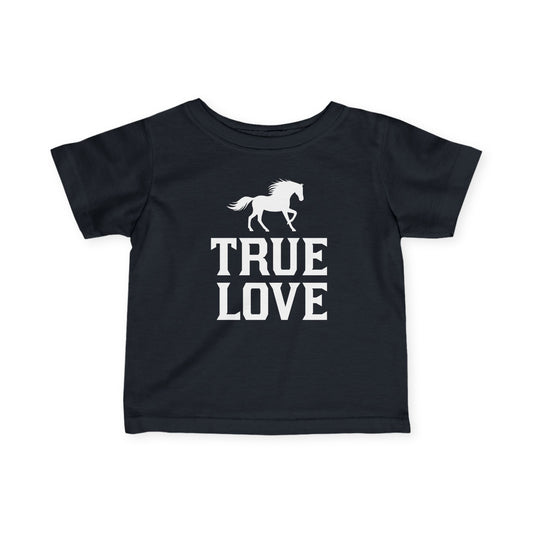 Black t-shirt with a horse graphic and 'TRUE LOVE' text on a white background