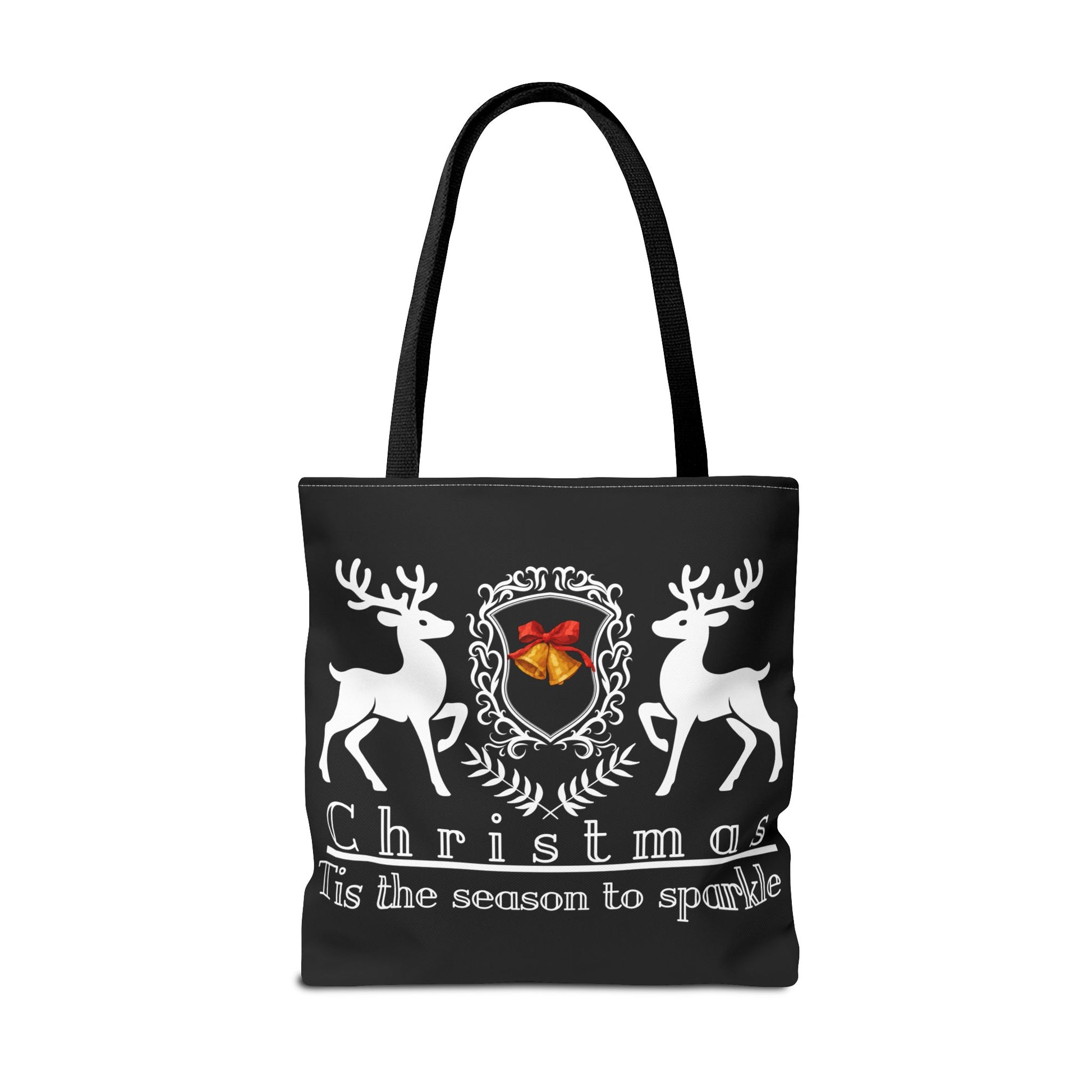 Black tote bag with Christmas design featuring reindeer and a bow, on a white background.
