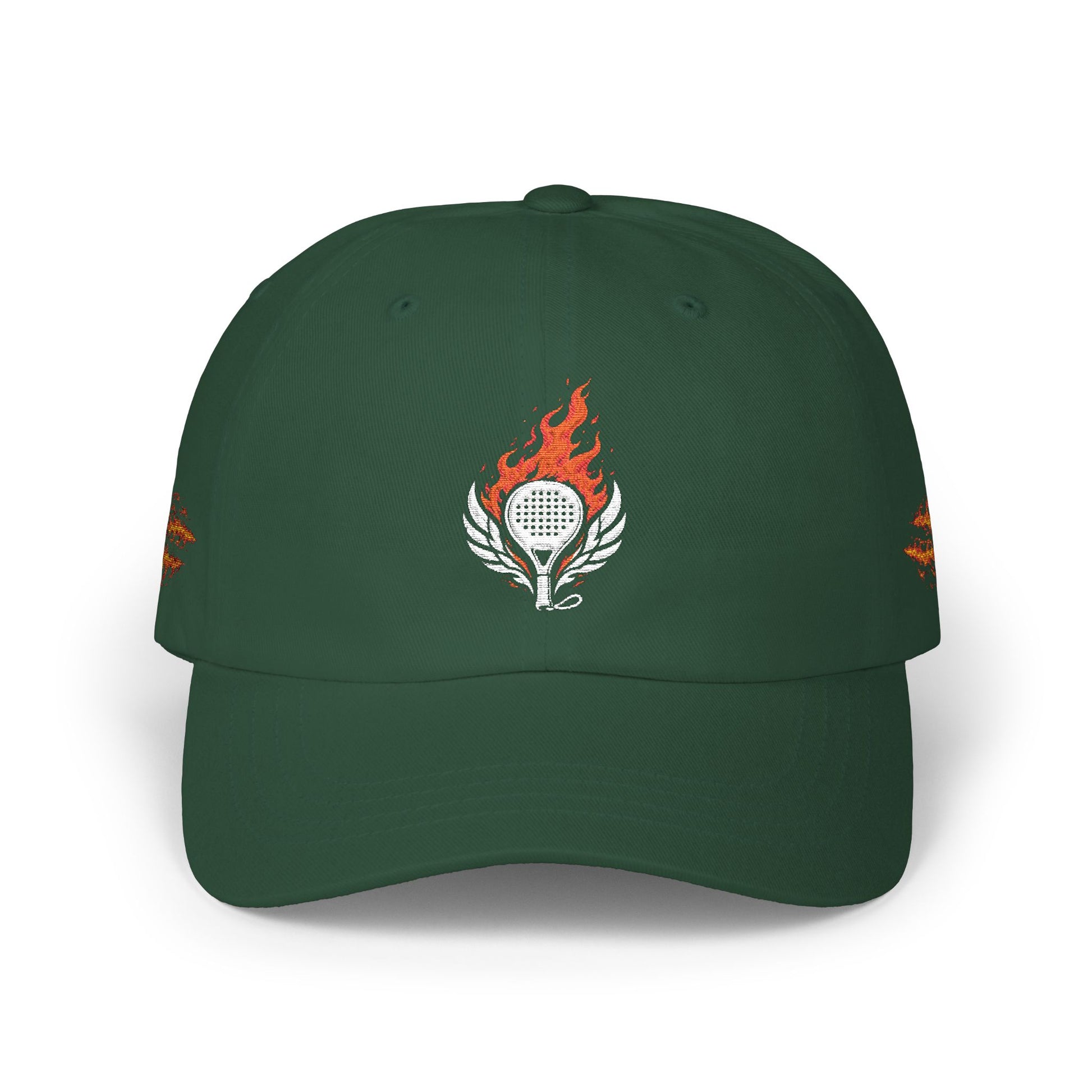 performance padel hat Green cap with a logo featuring a tennis racket and flames on a white background