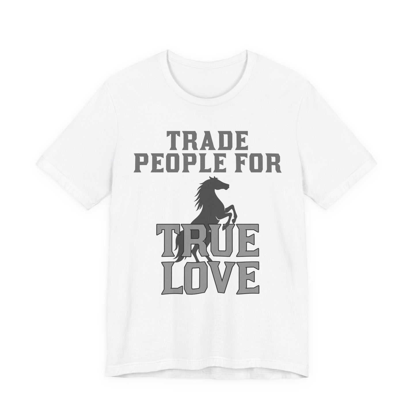 White t-shirt with black text and horse graphic on a white background