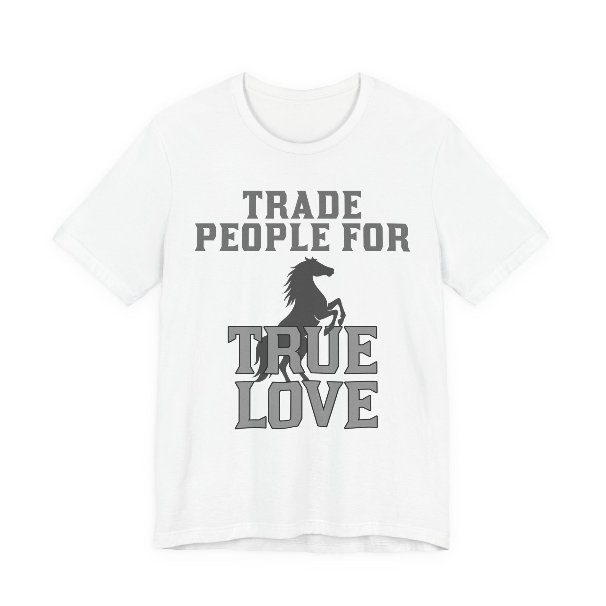 White t-shirt with black text and horse graphic on a white background